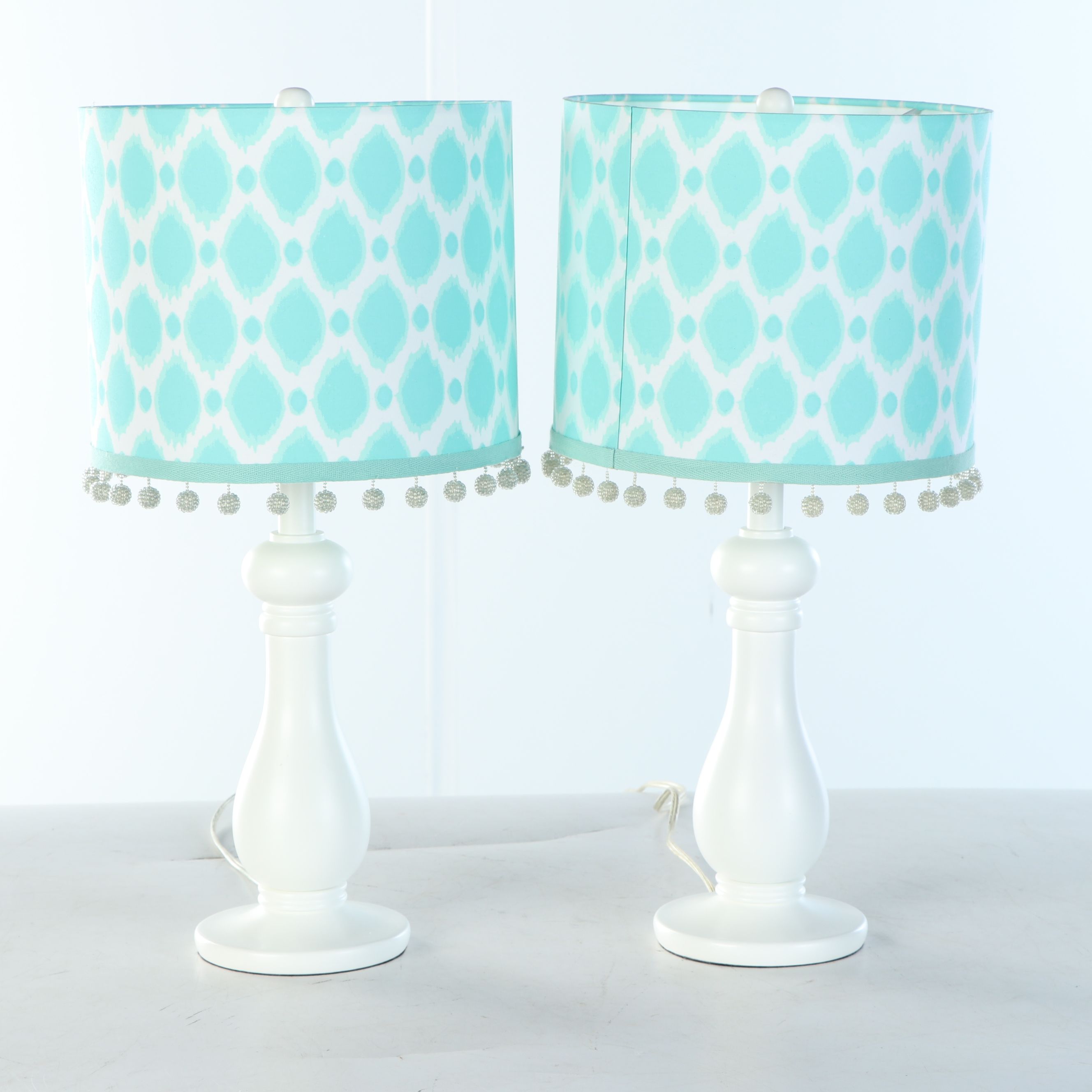 Pottery Barn "Stella" Wood Side Table and White Table Lamps with Pompom Shades