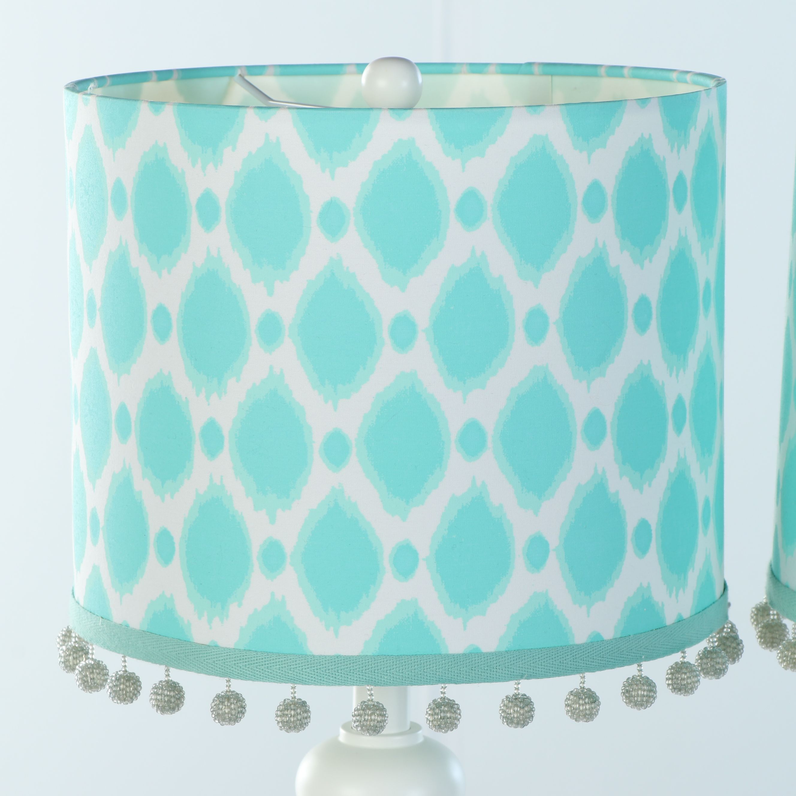 Pottery Barn "Stella" Wood Side Table and White Table Lamps with Pompom Shades