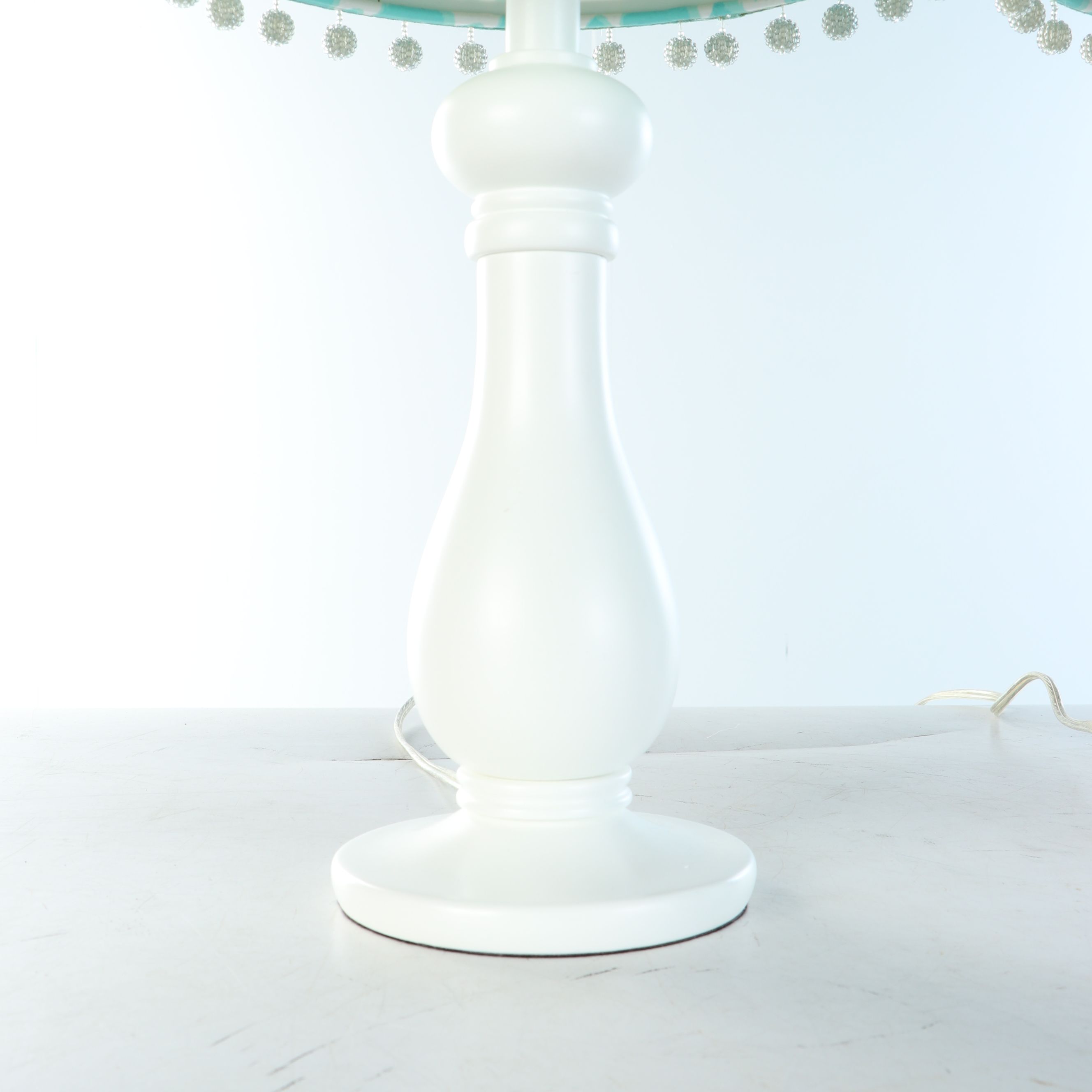 Pottery Barn "Stella" Wood Side Table and White Table Lamps with Pompom Shades