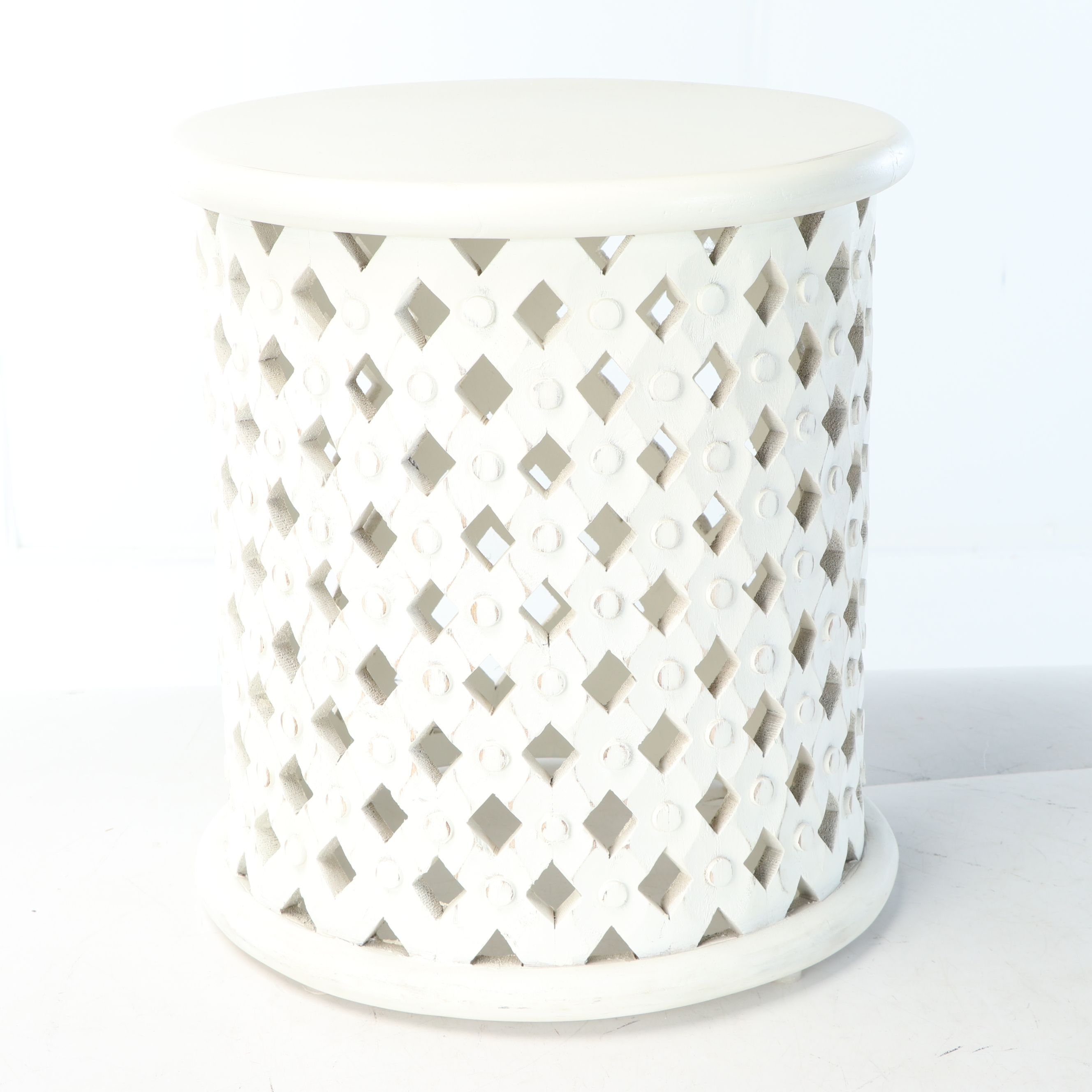 Pottery Barn "Stella" Wood Side Table and White Table Lamps with Pompom Shades