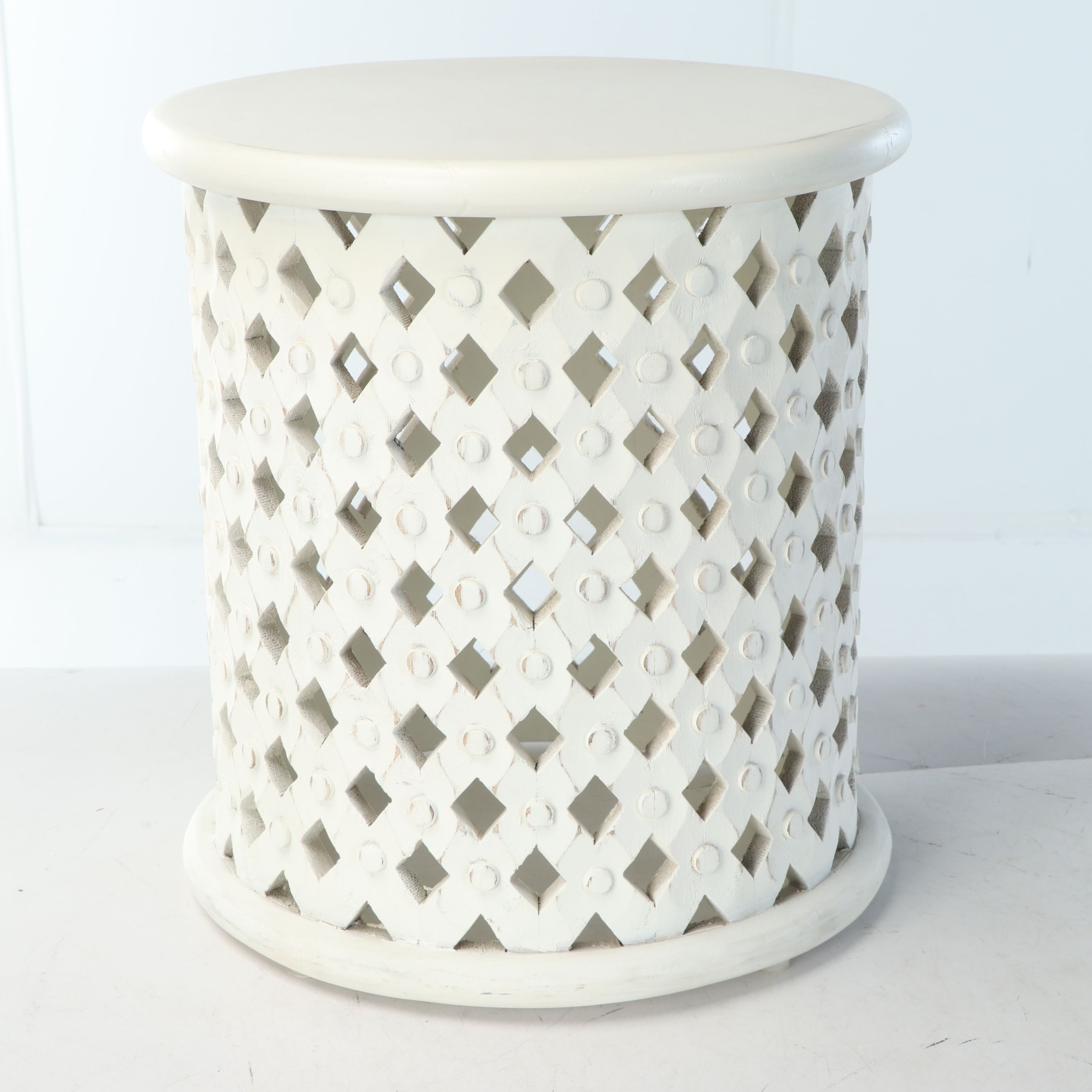 Pottery Barn "Stella" Wood Side Table and White Table Lamps with Pompom Shades