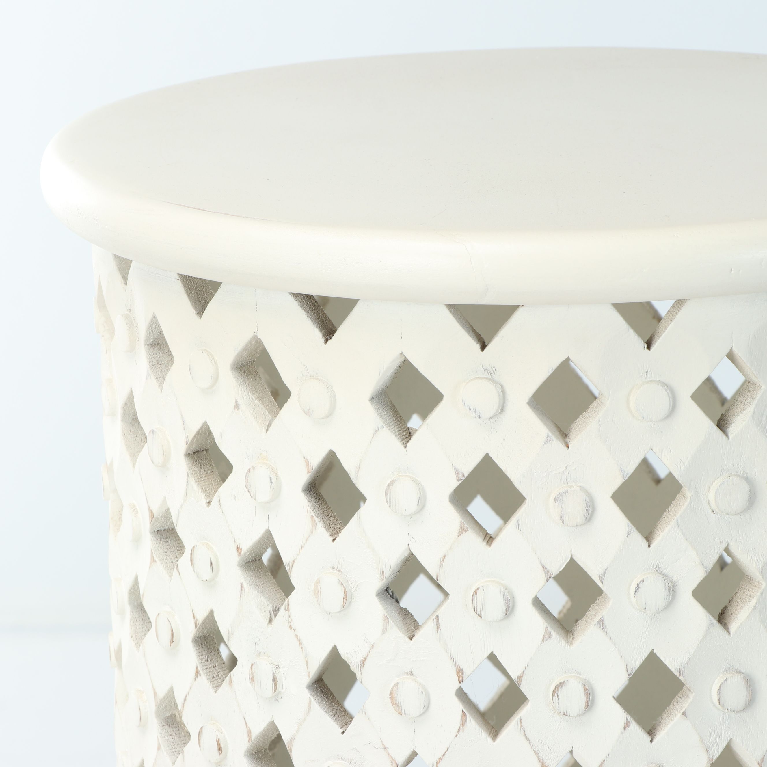 Pottery Barn "Stella" Wood Side Table and White Table Lamps with Pompom Shades