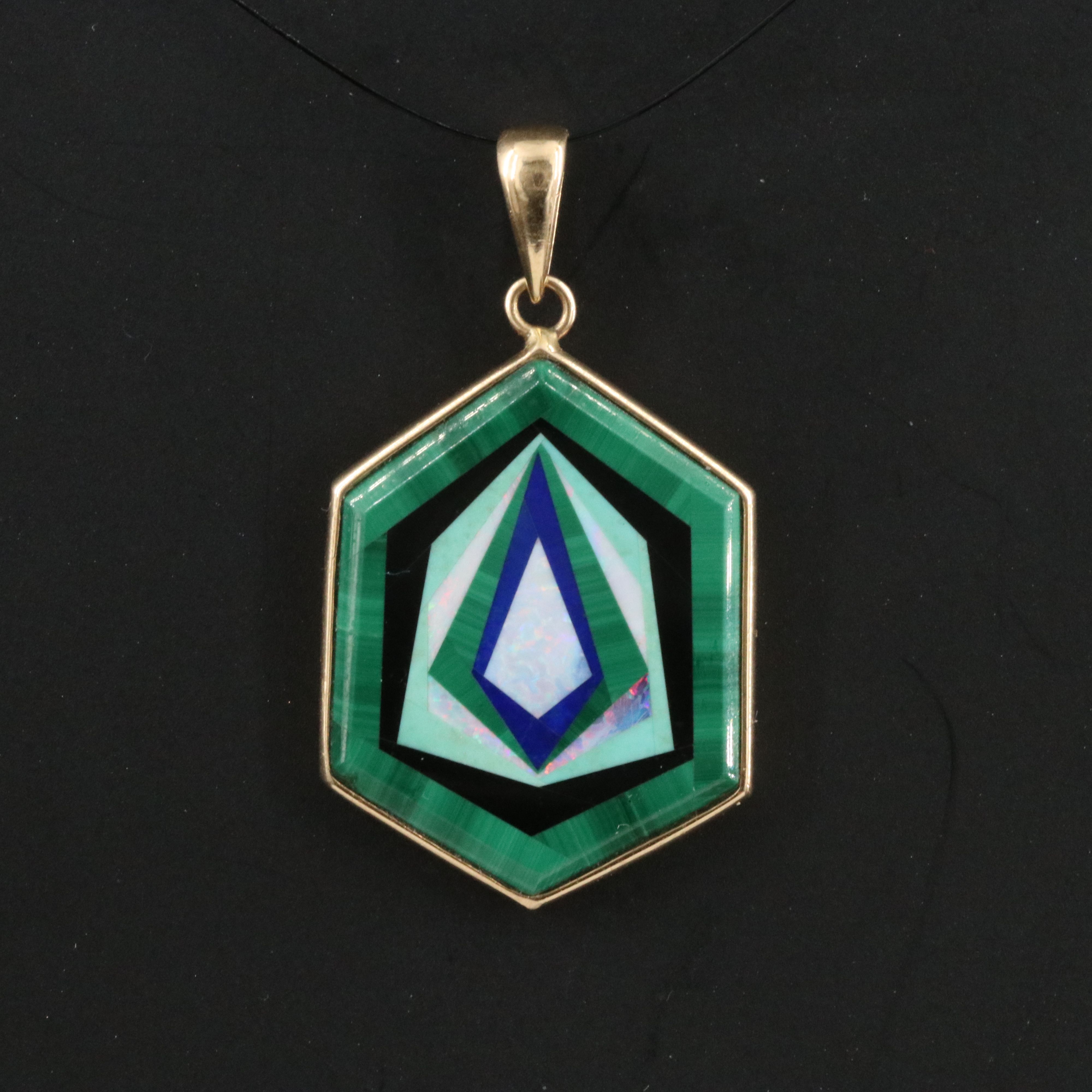 14K Malachite, Opal and Lapis Lazuli Inlay Pendant