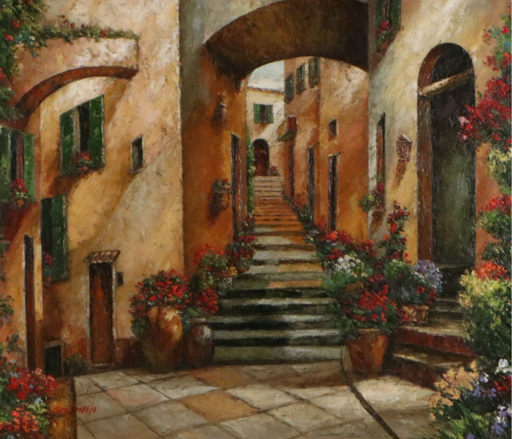 Italian Village Oil Painting of Flower-Lined Cobblestone Street