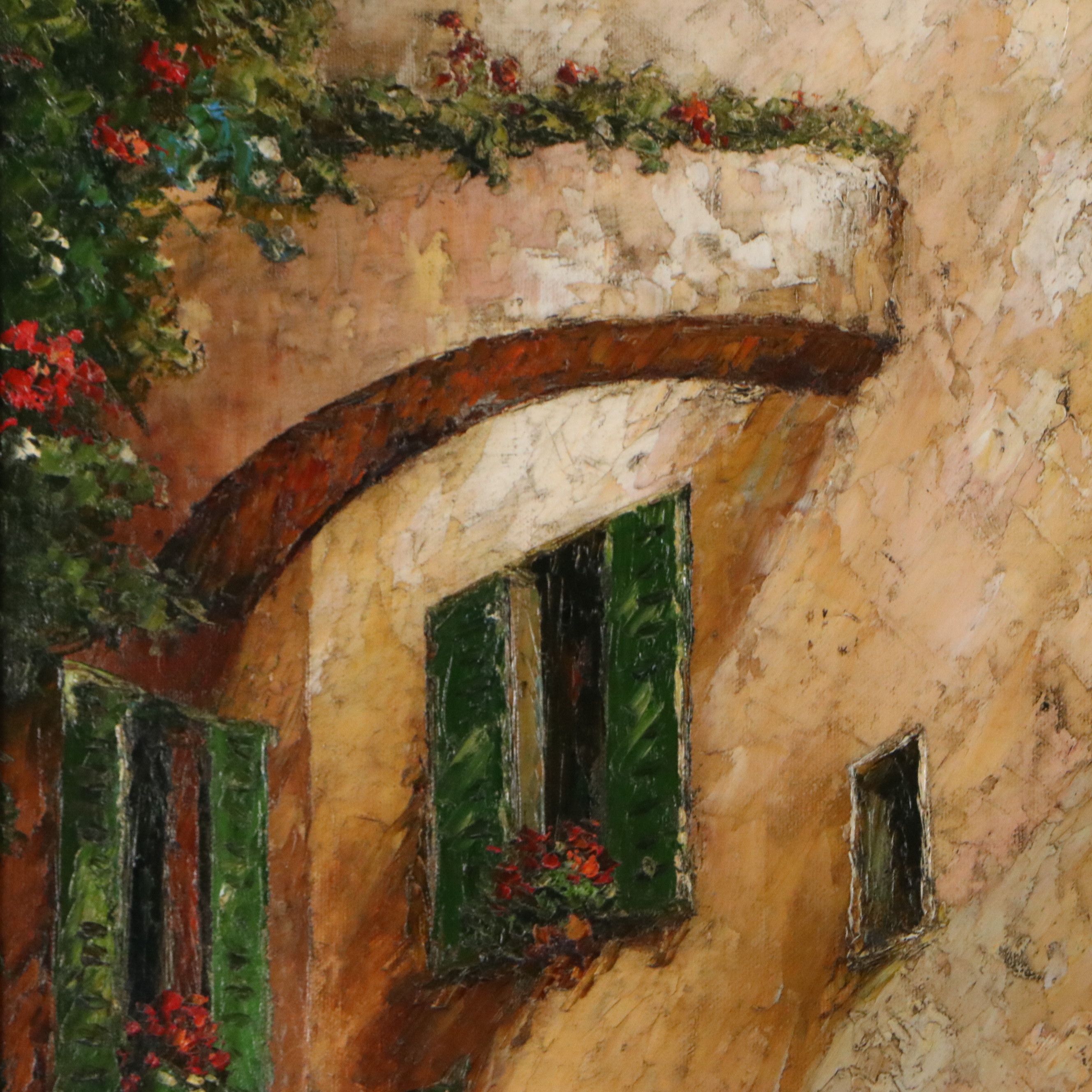 Italian Village Oil Painting of Flower-Lined Cobblestone Street