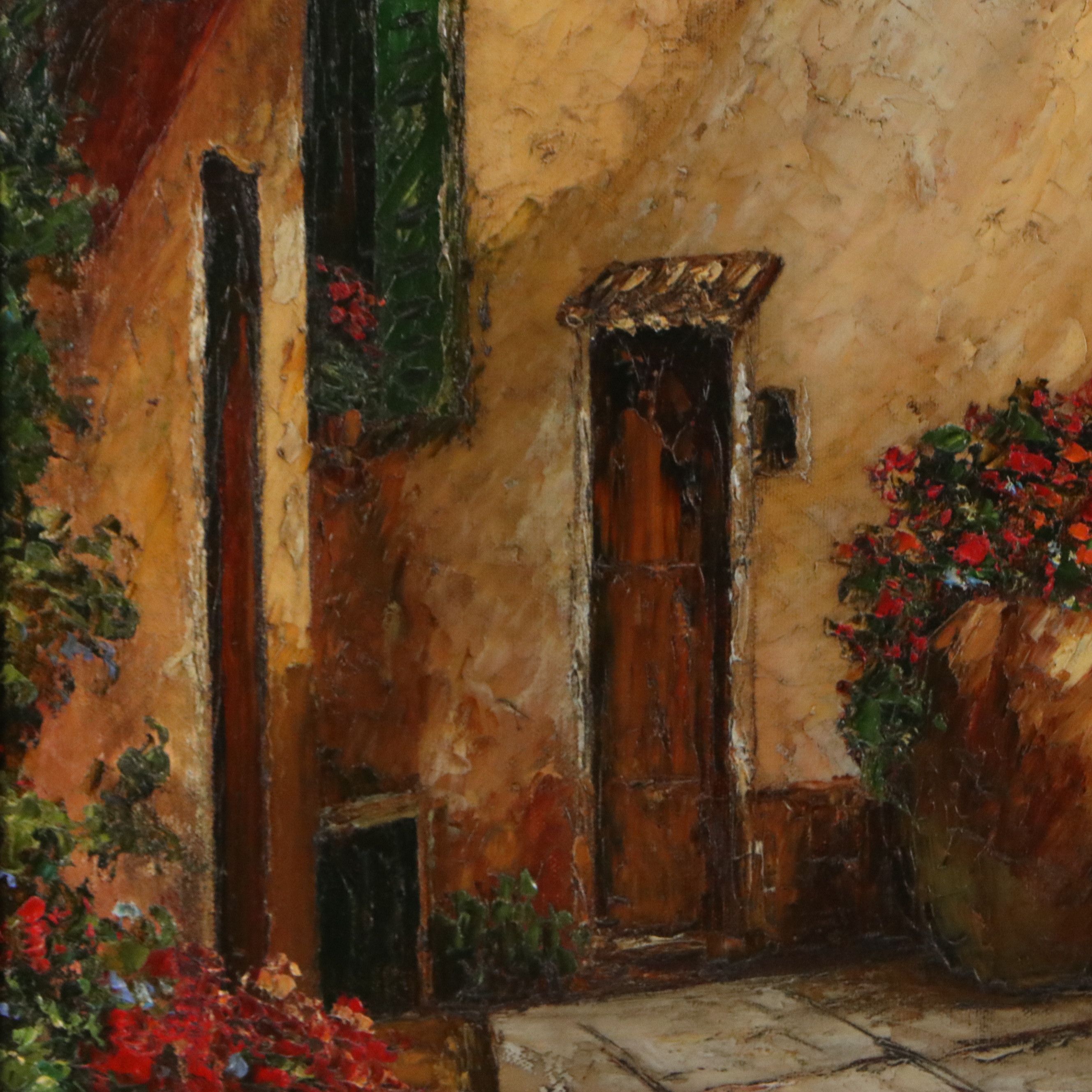 Italian Village Oil Painting of Flower-Lined Cobblestone Street