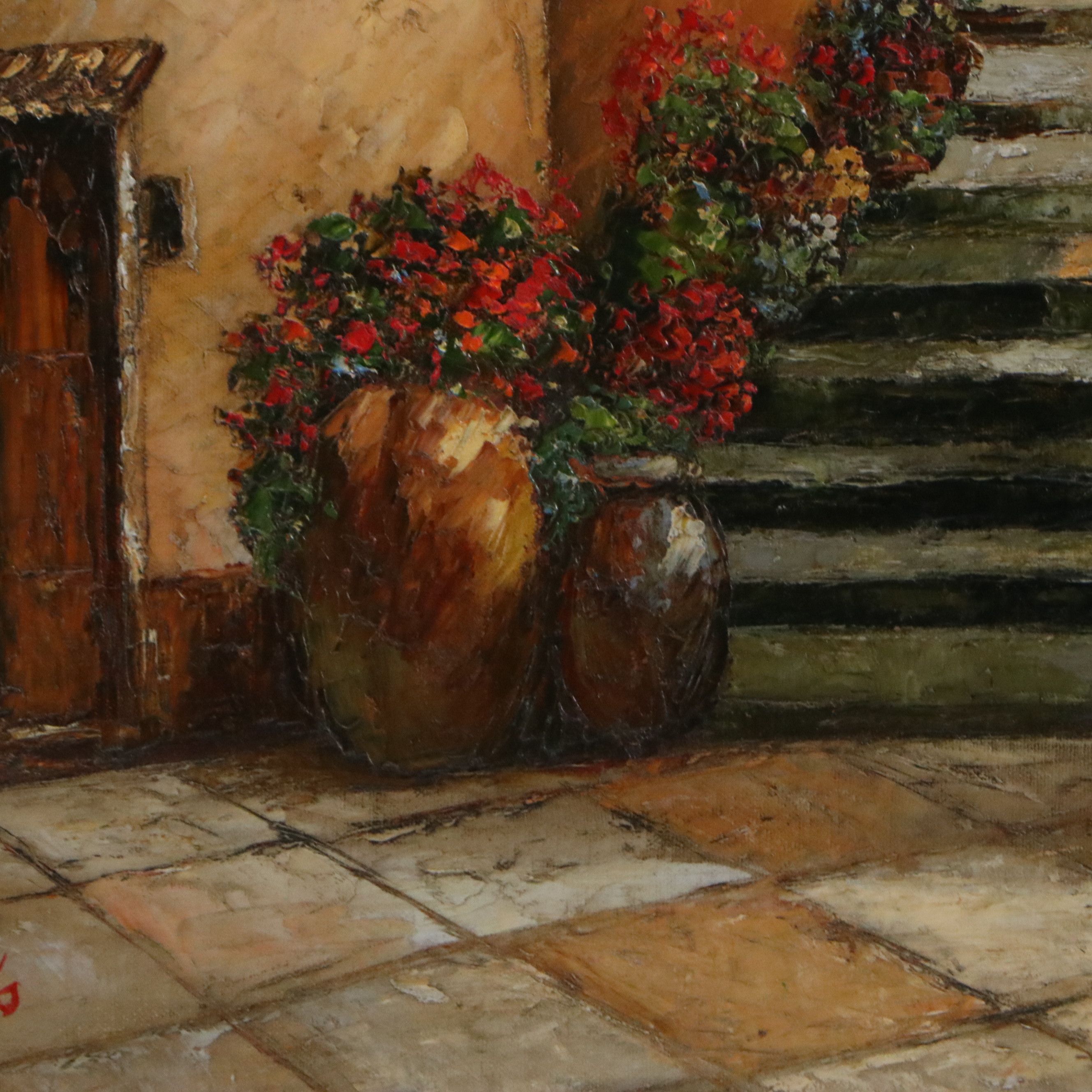 Italian Village Oil Painting of Flower-Lined Cobblestone Street