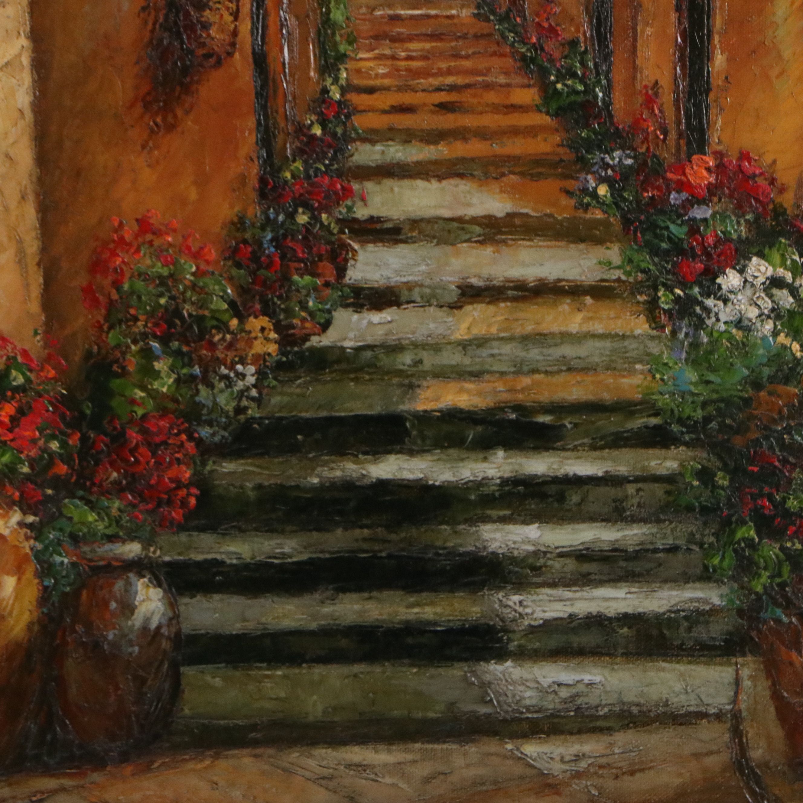 Italian Village Oil Painting of Flower-Lined Cobblestone Street