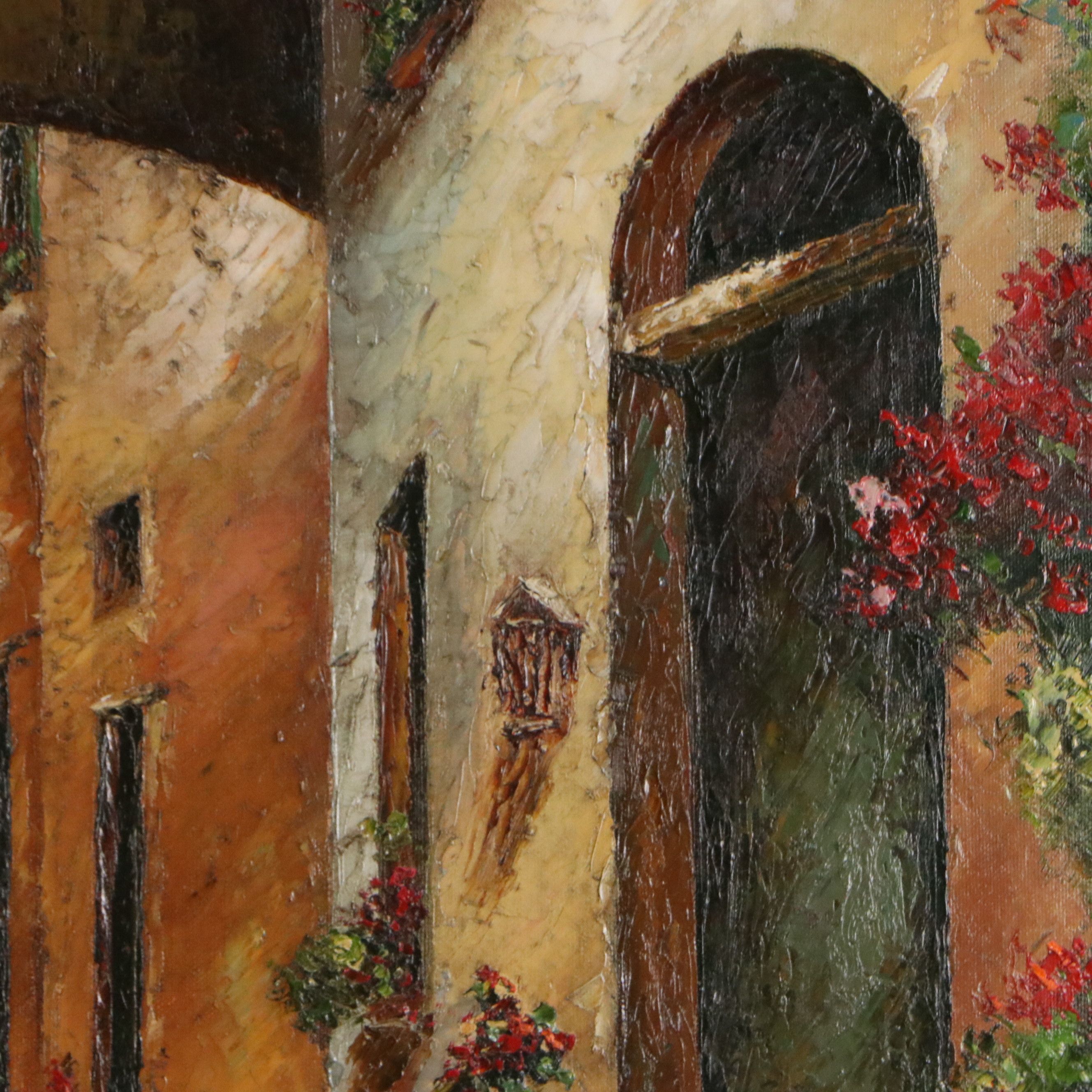 Italian Village Oil Painting of Flower-Lined Cobblestone Street