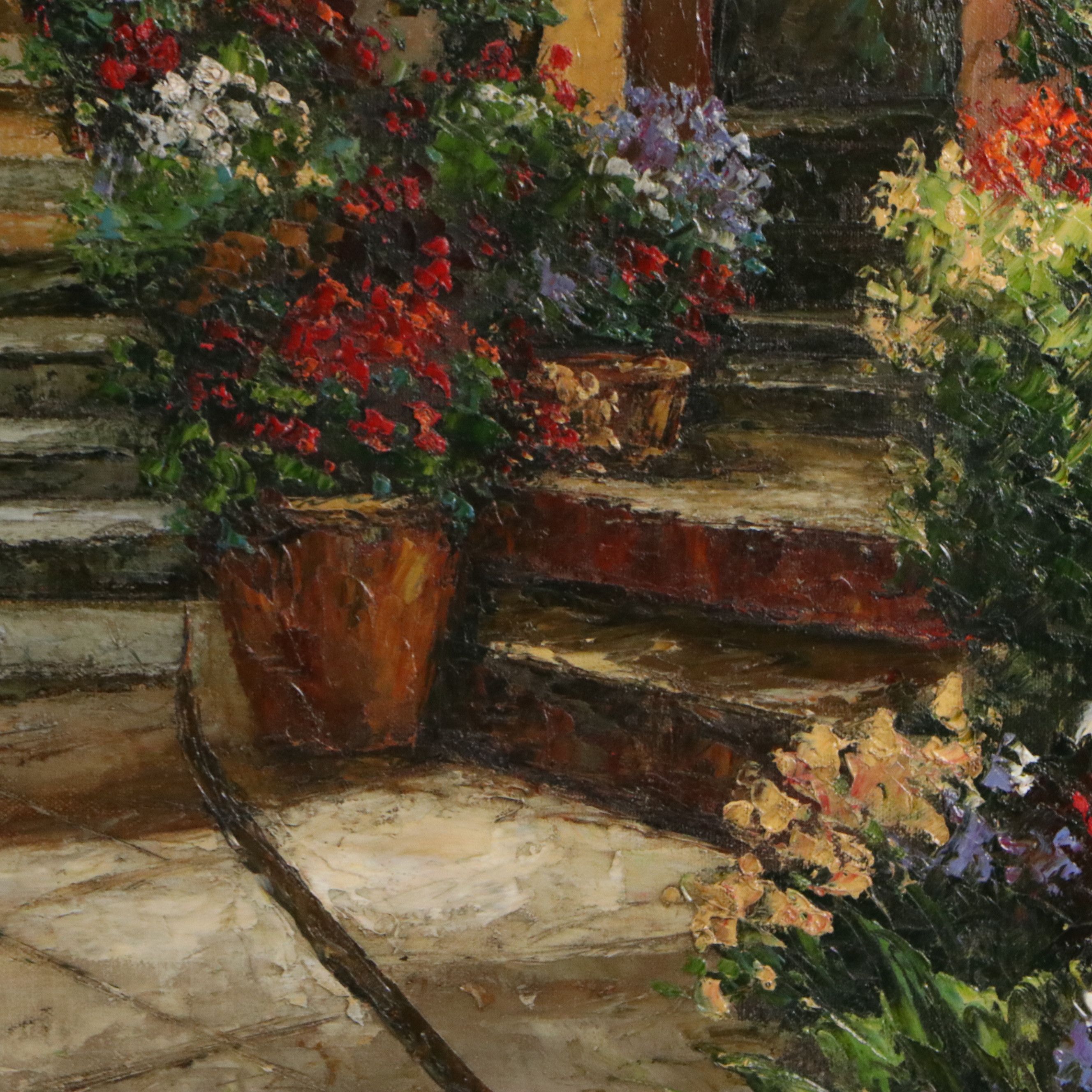 Italian Village Oil Painting of Flower-Lined Cobblestone Street
