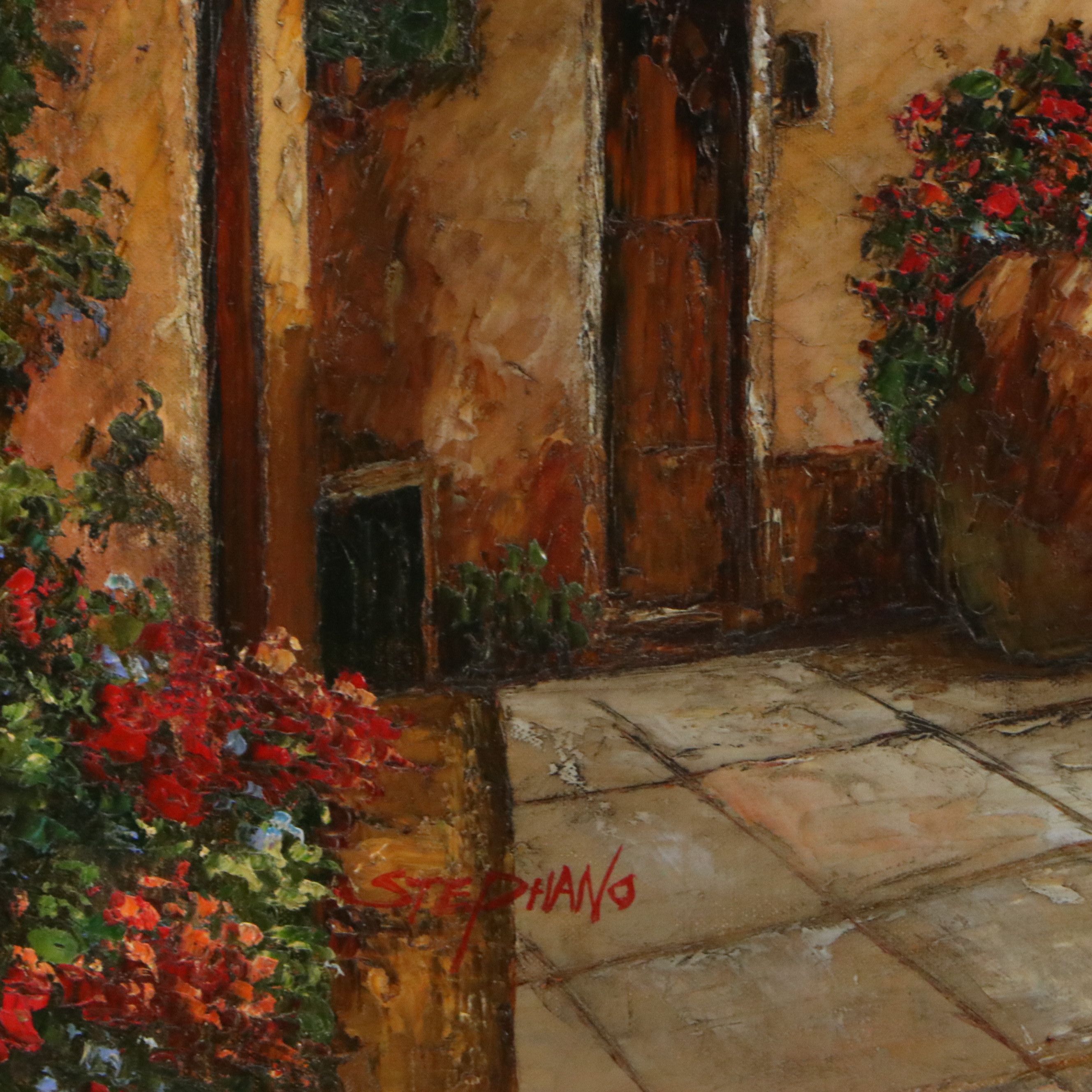 Italian Village Oil Painting of Flower-Lined Cobblestone Street