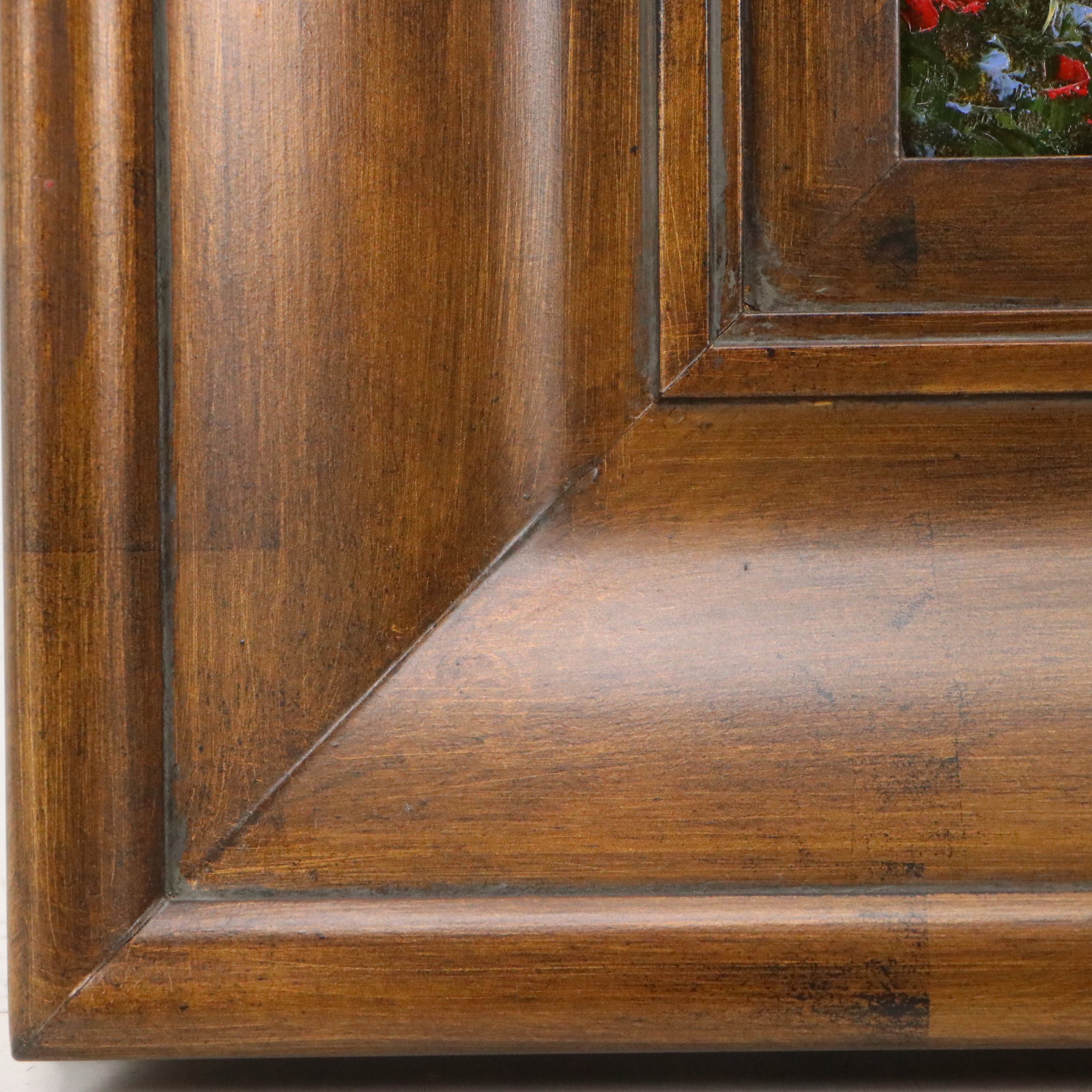 Italian Village Oil Painting of Flower-Lined Cobblestone Street