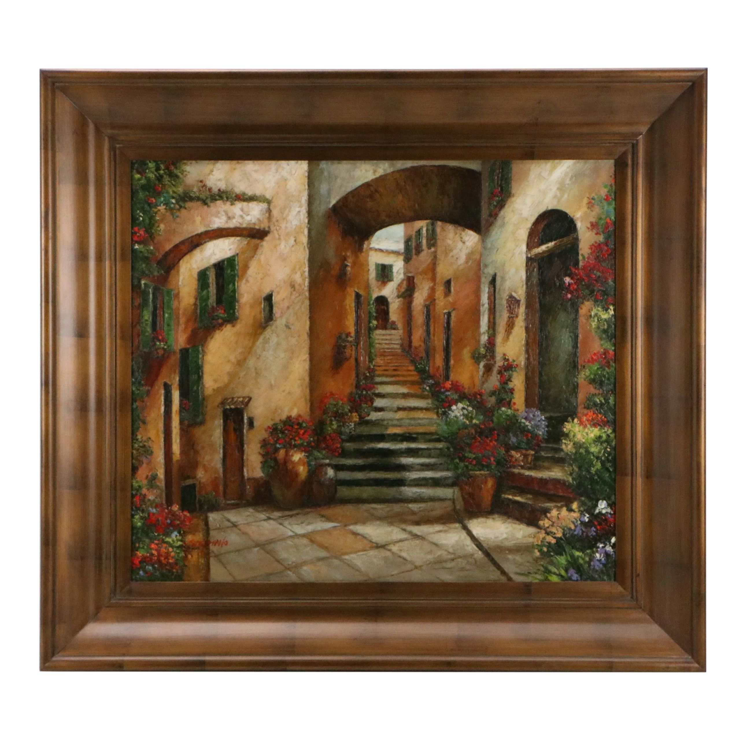 Italian Village Oil Painting of Flower-Lined Cobblestone Street