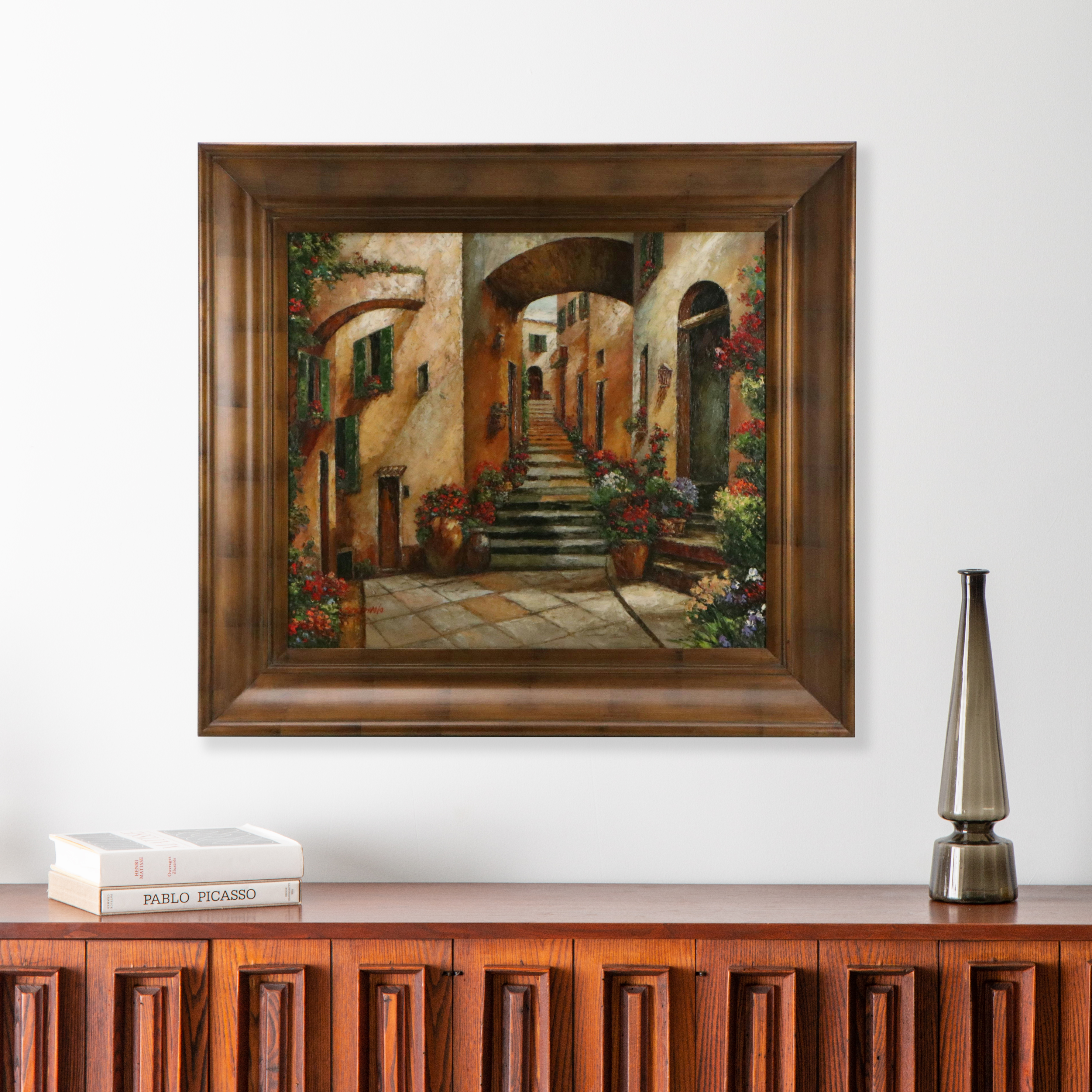 Italian Village Oil Painting of Flower-Lined Cobblestone Street