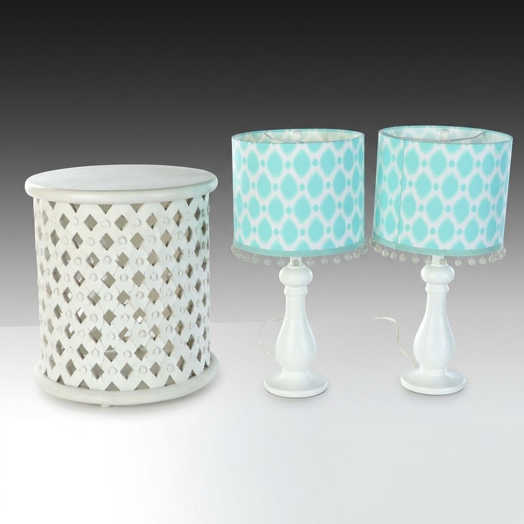 Pottery Barn "Stella" Wood Side Table and White Table Lamps with Pompom Shades