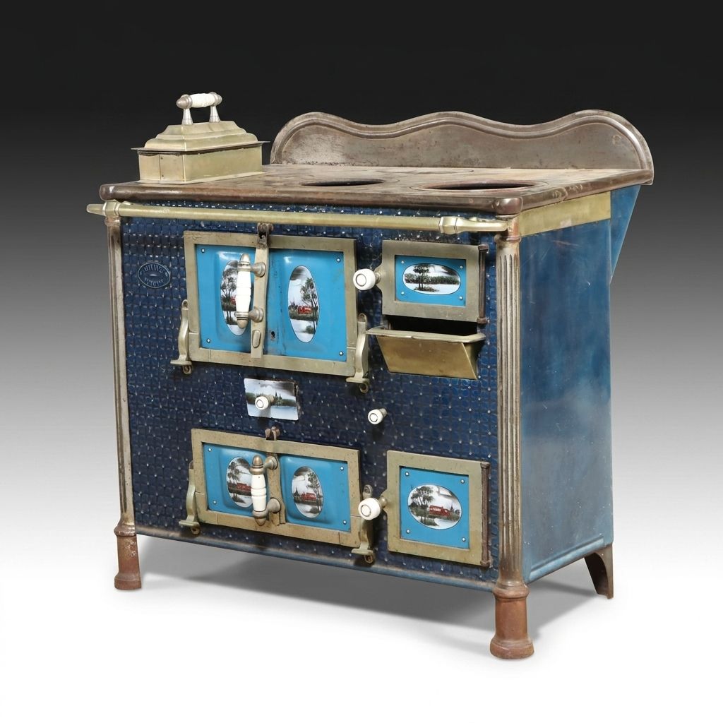 Ornate Enameled Cast Iron and Brass Cookstove, Late 19th Century