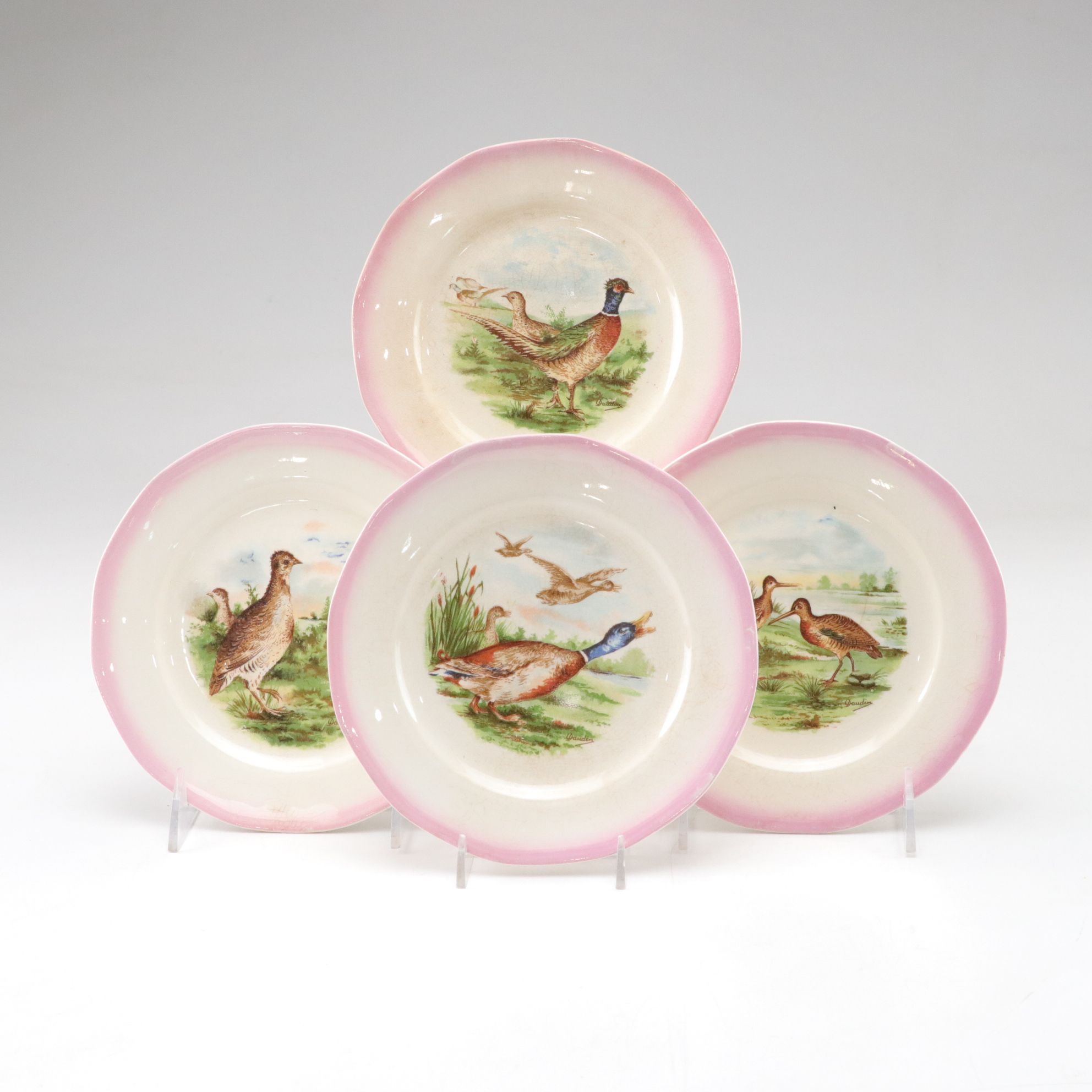 S.P. Co. Sebring Hand-Painted Birds and Fowl Plates with Pink Trim