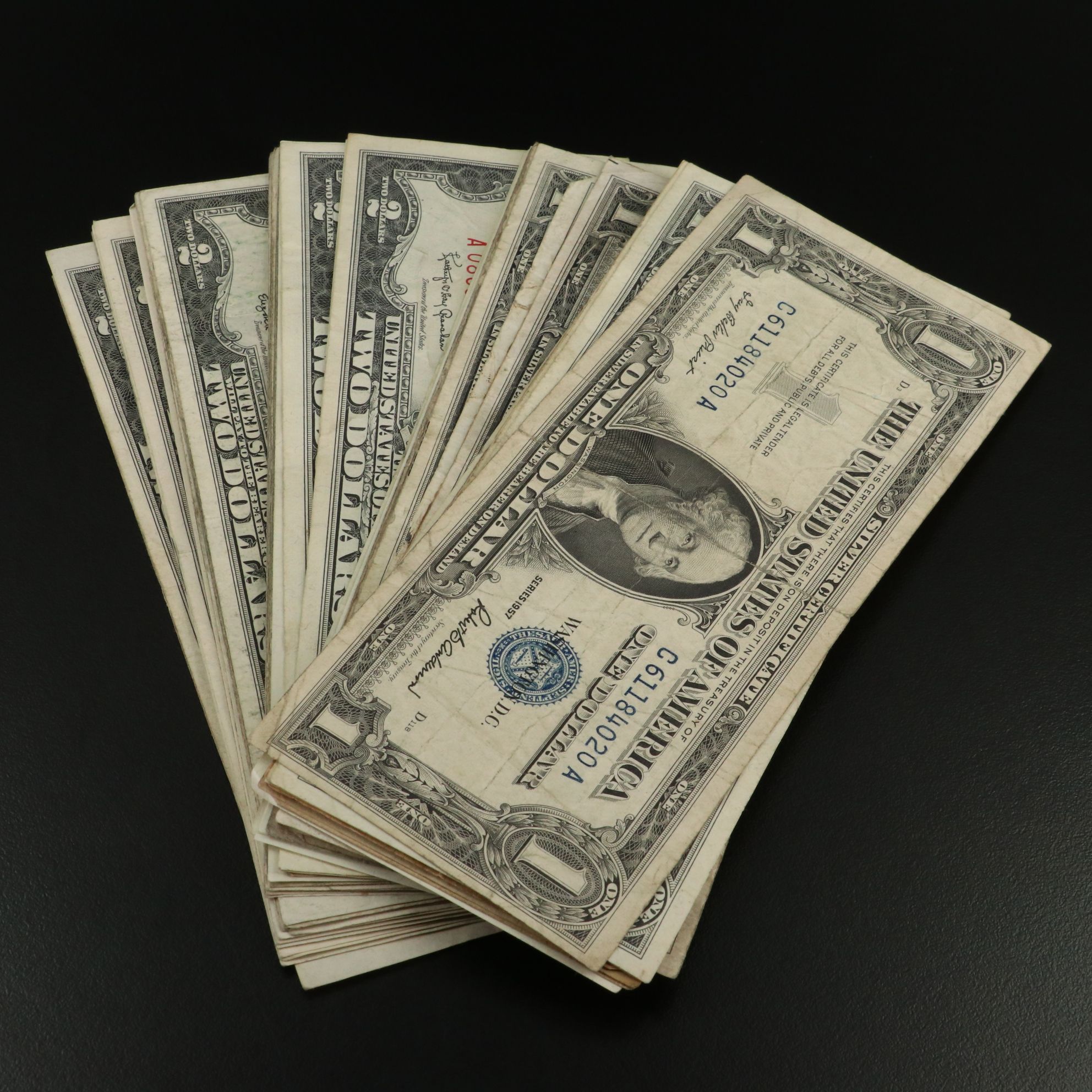 Fifty-Nine U.S. Banknotes, $2 United States Notes and $1 Silver Certificates