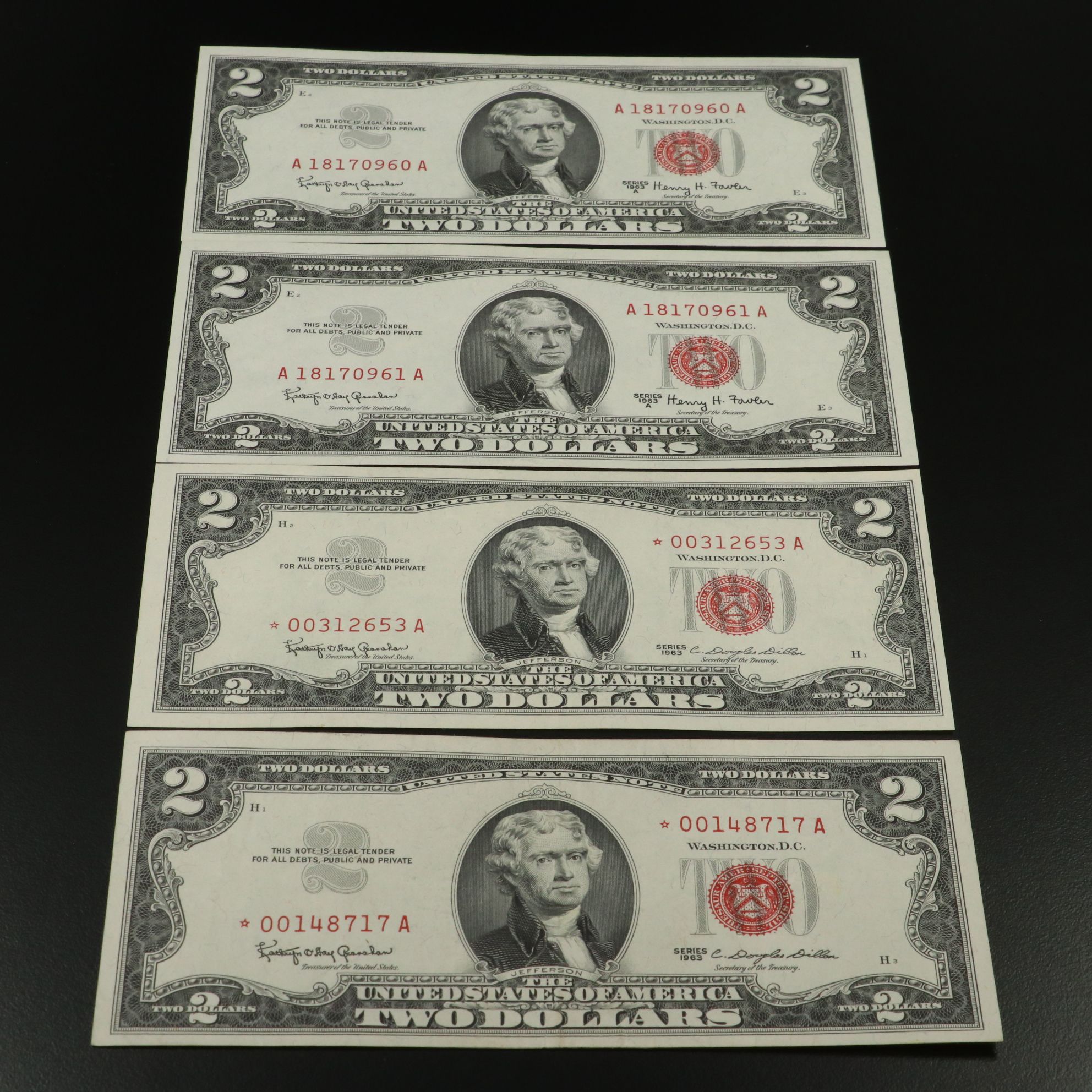 Fifty-Nine U.S. Banknotes, $2 United States Notes and $1 Silver Certificates