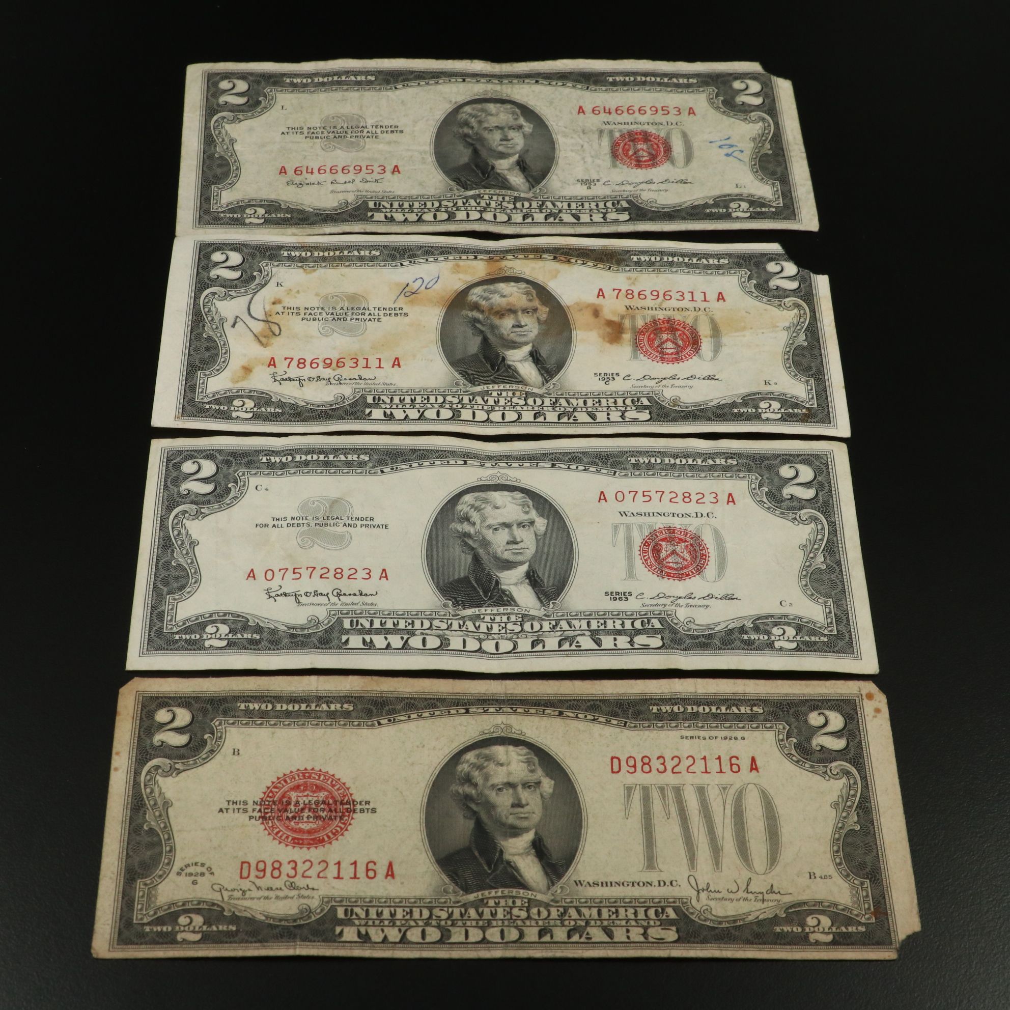Fifty-Nine U.S. Banknotes, $2 United States Notes and $1 Silver Certificates