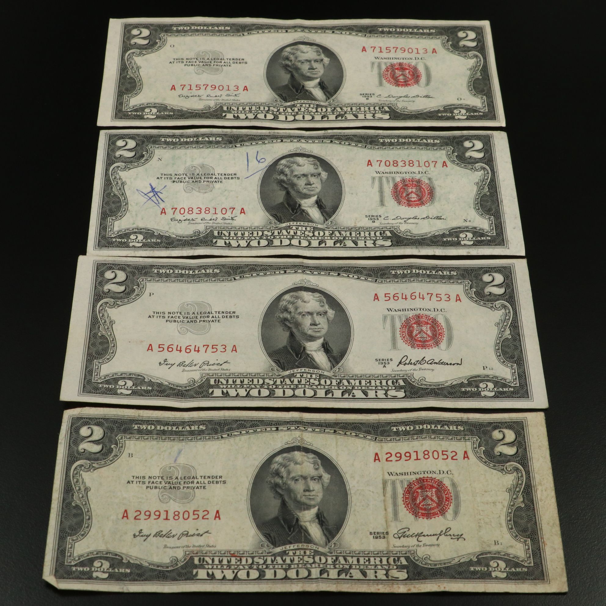 Fifty-Nine U.S. Banknotes, $2 United States Notes and $1 Silver Certificates
