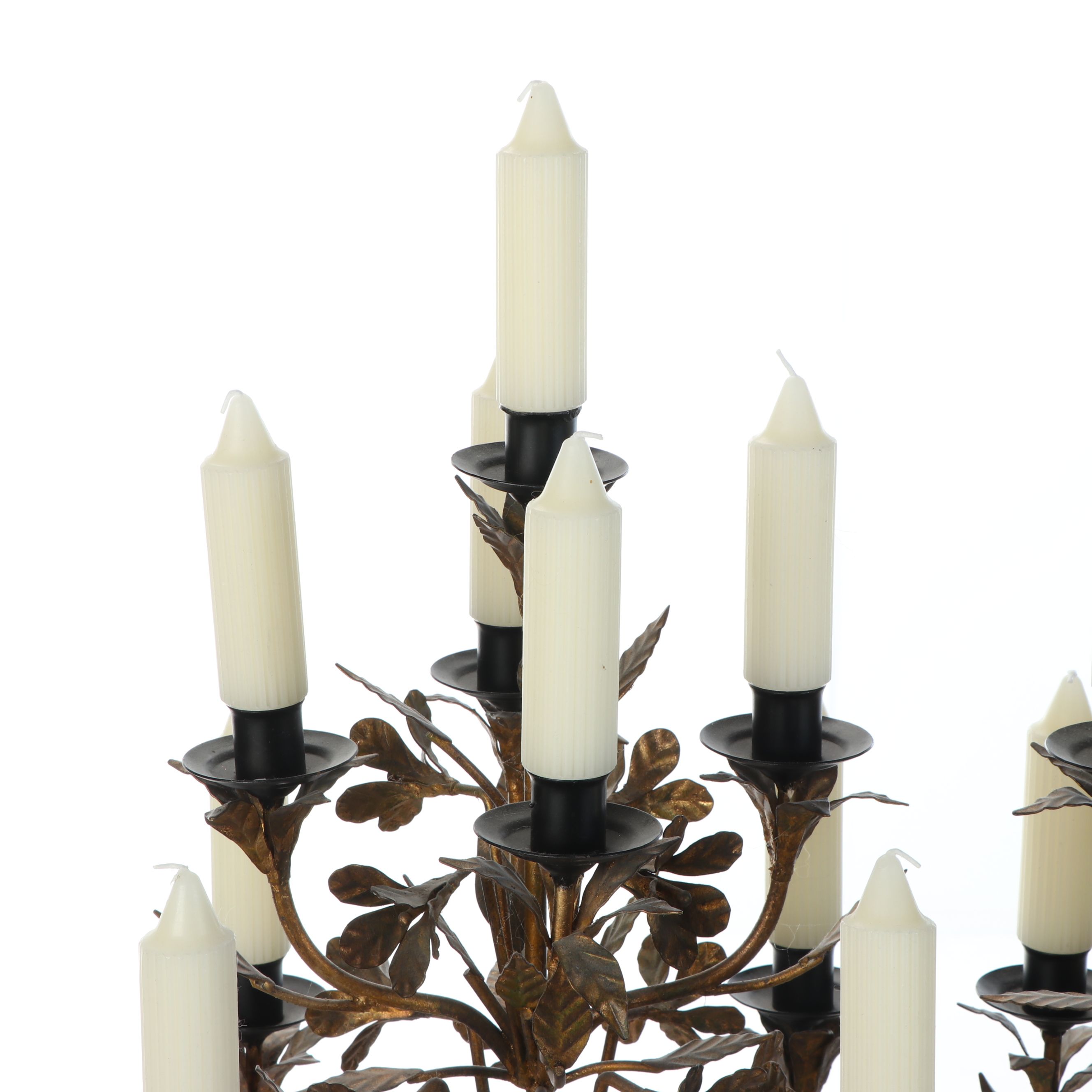 Louis XVI Style Gold Finish Metal Candelabras with White Taper Candles