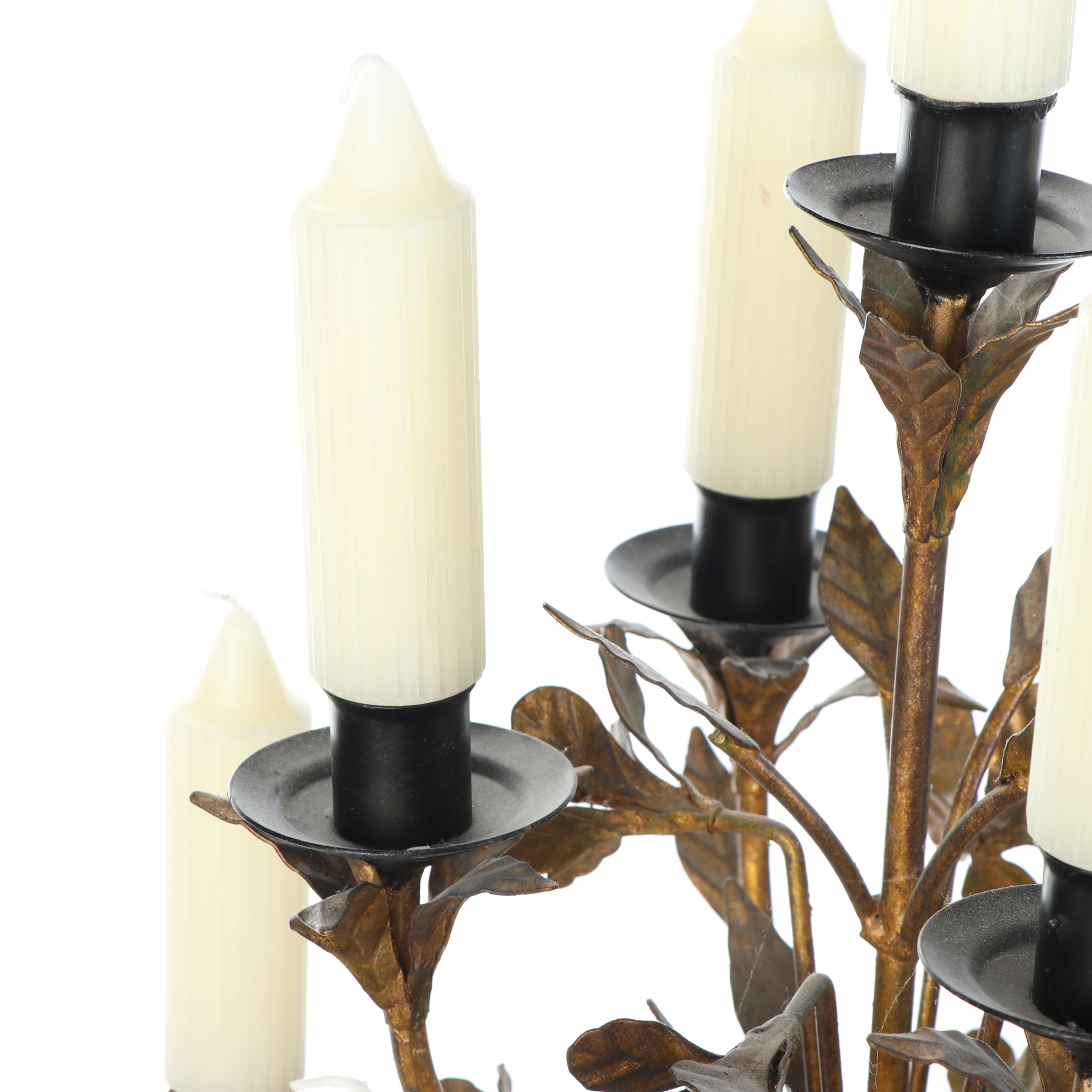 Louis XVI Style Gold Finish Metal Candelabras with White Taper Candles