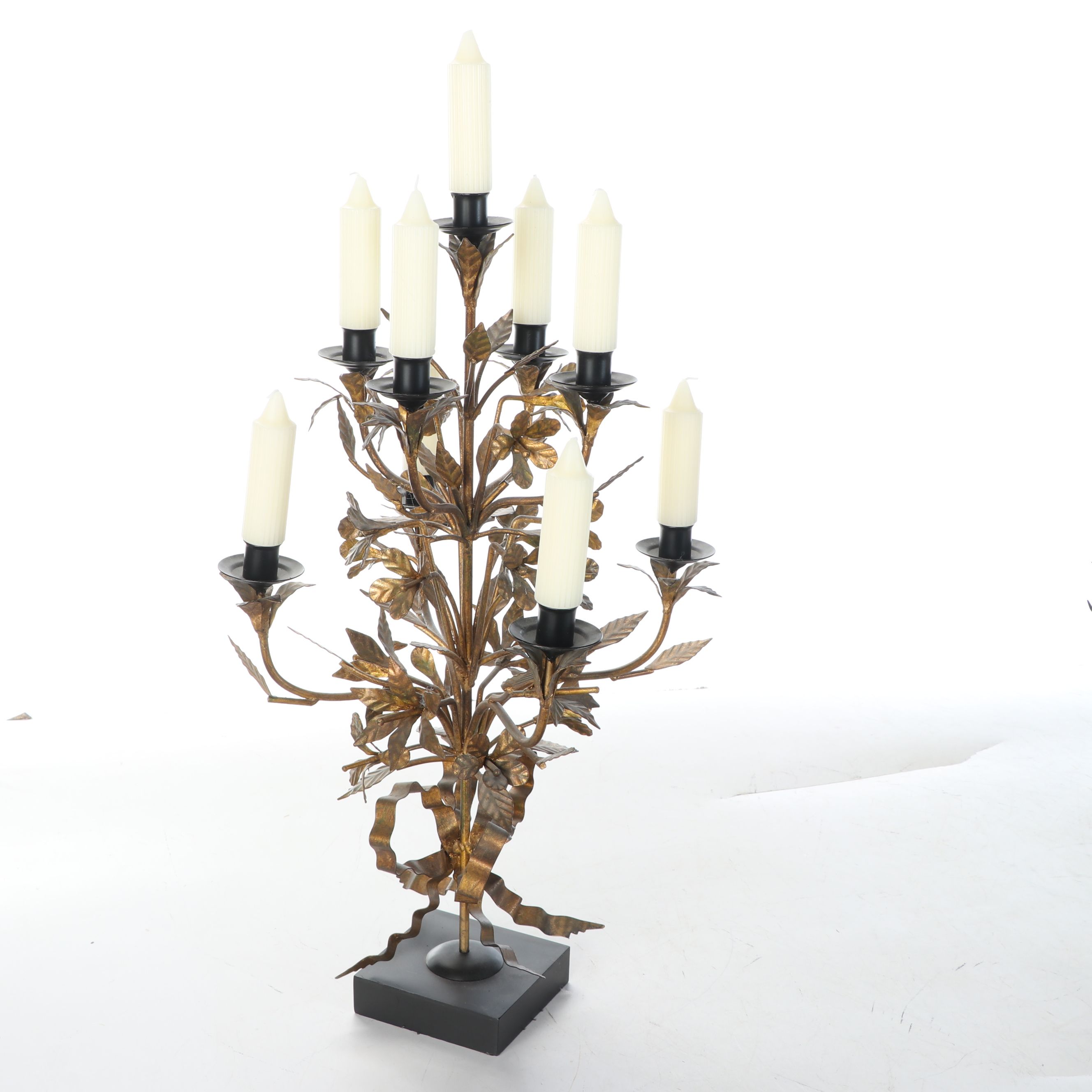 Louis XVI Style Gold Finish Metal Candelabras with White Taper Candles