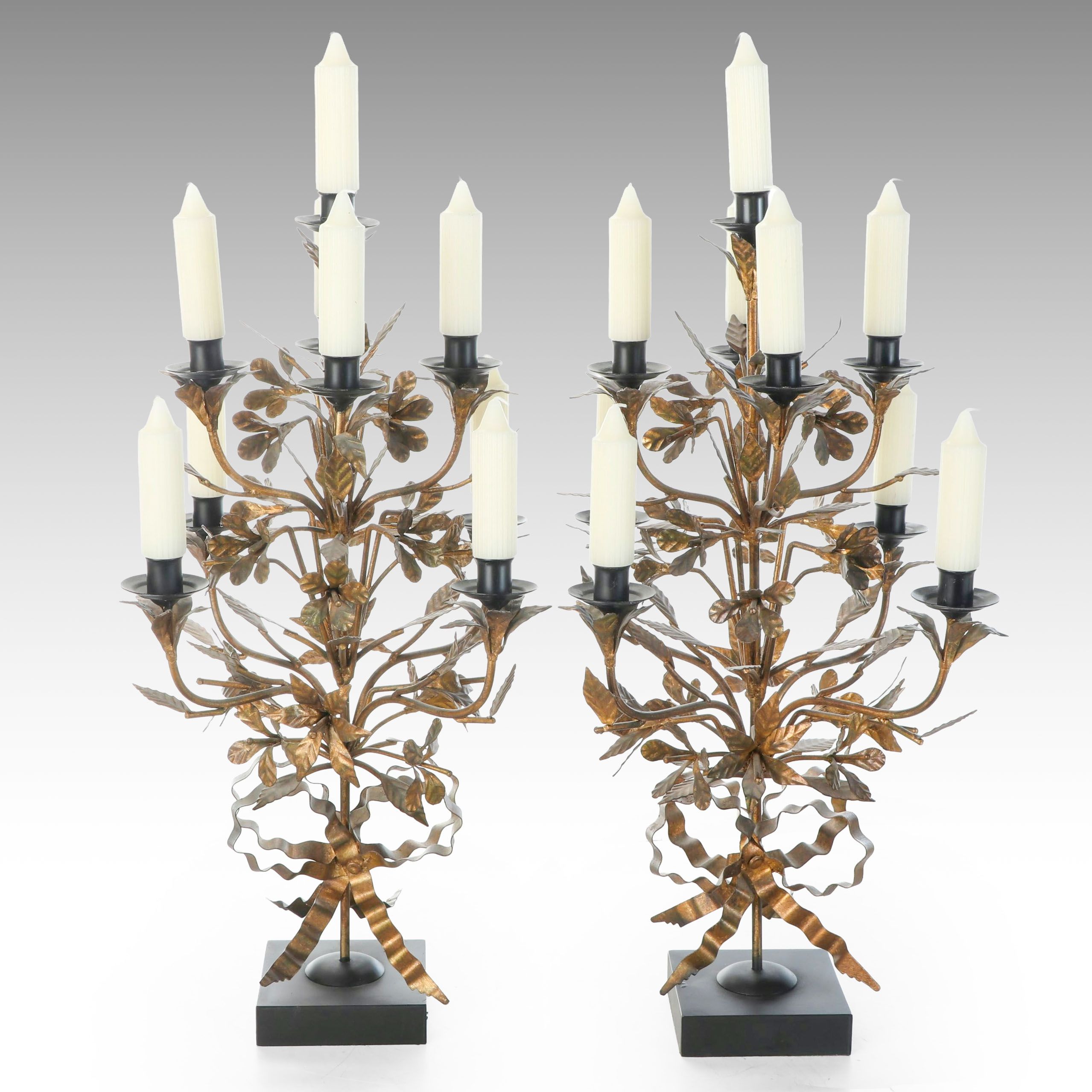 Louis XVI Style Gold Finish Metal Candelabras with White Taper Candles