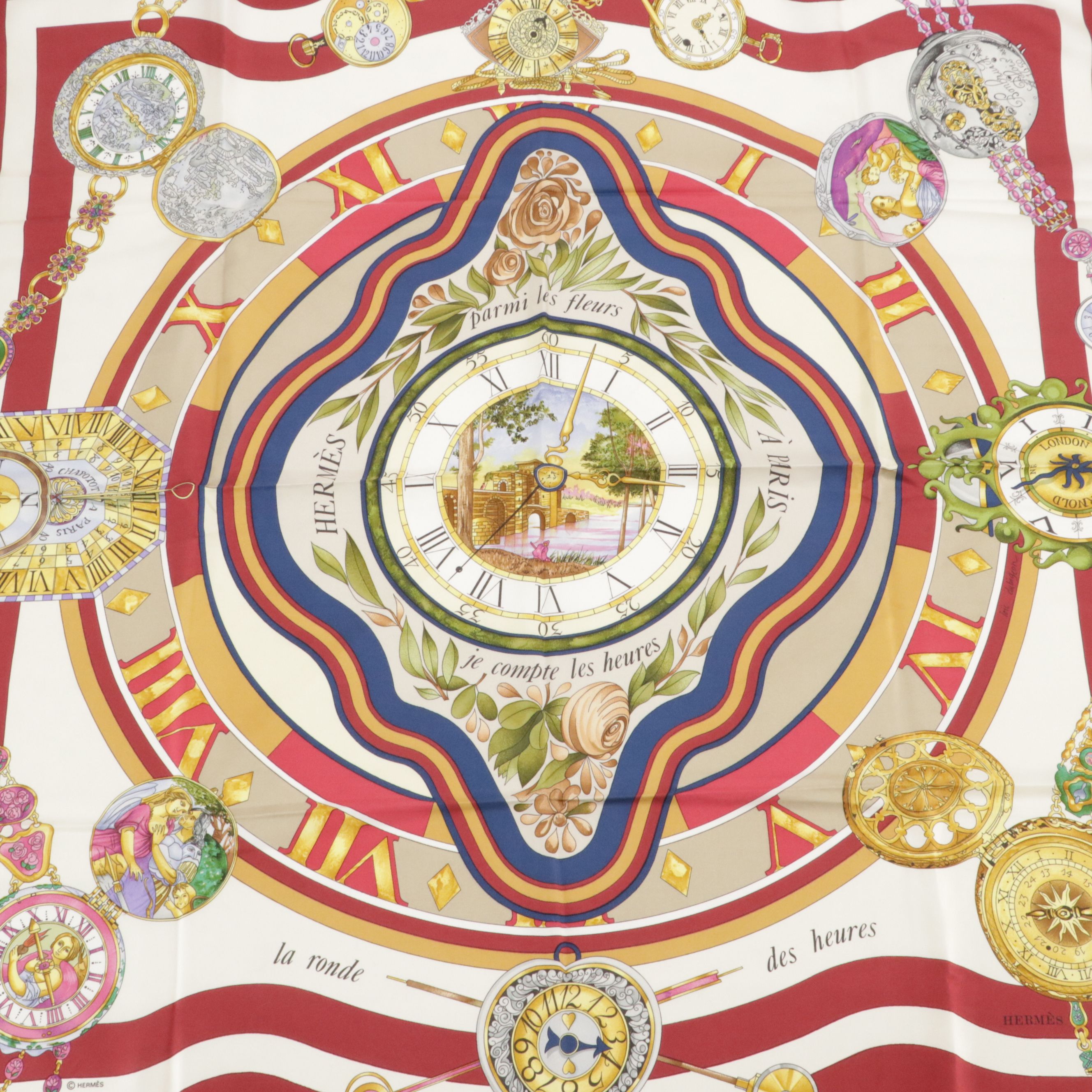 Hermès "La Ronde des Heures" Scarf 90 in Silk Twill