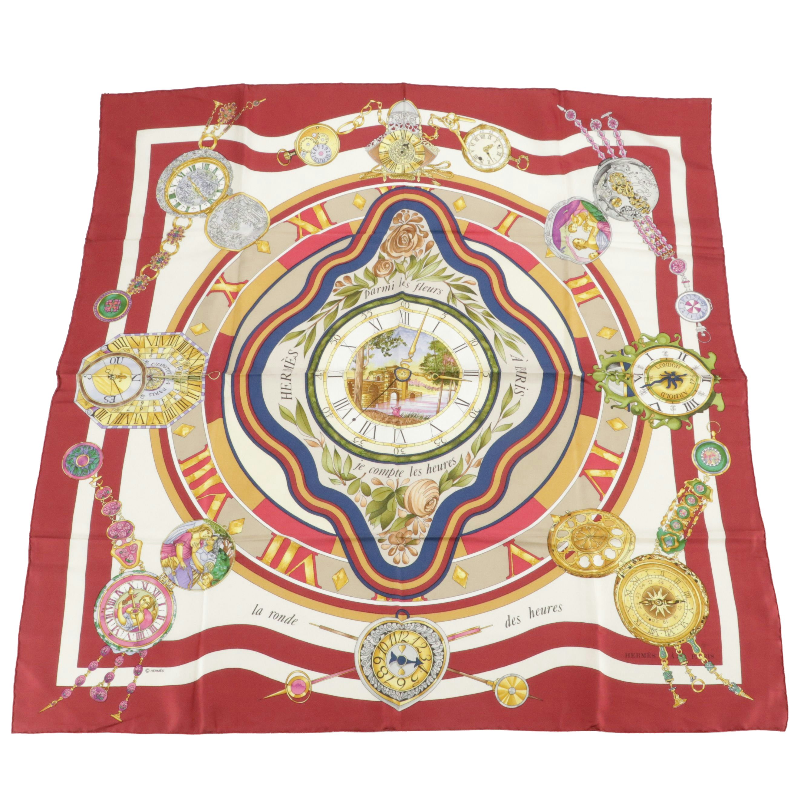 Hermès "La Ronde des Heures" Scarf 90 in Silk Twill
