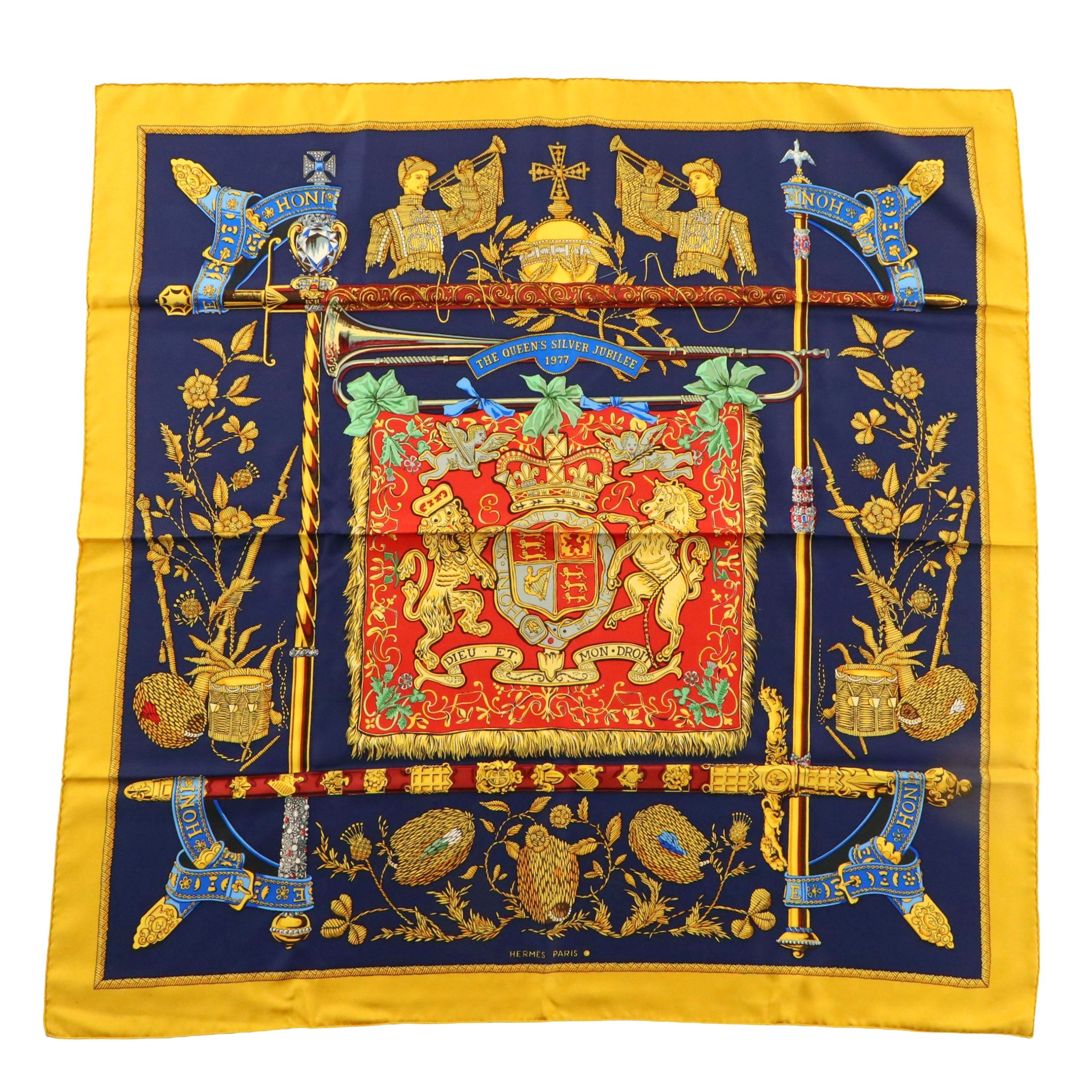 Hermès Early Issue Special Edition "Dieu et Mon Droit" Silk Twill Scarf 90 & Box