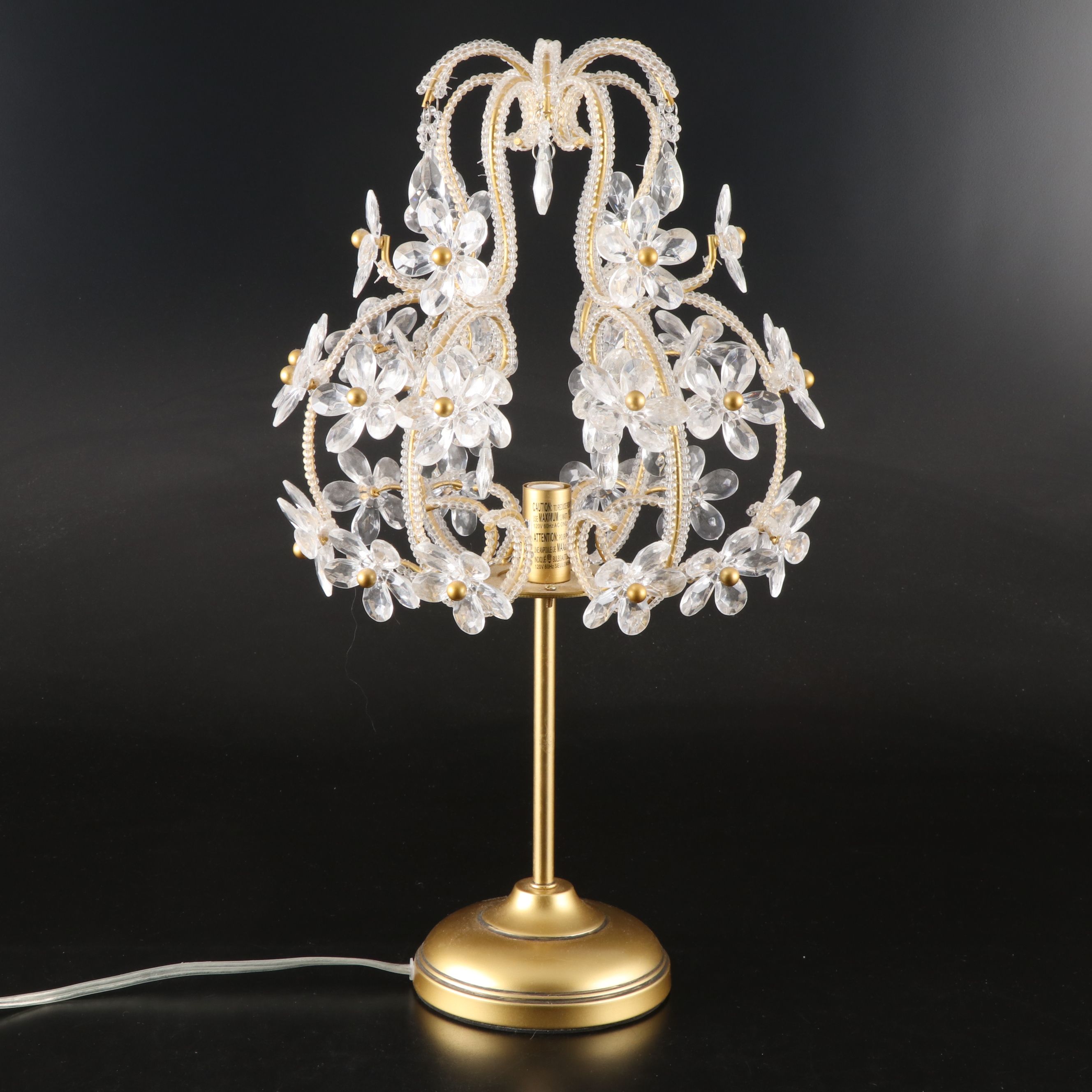 Simon Pearce Bird Paperweights, and Crystal Beadwork Flowers on Matte Gold Lamp