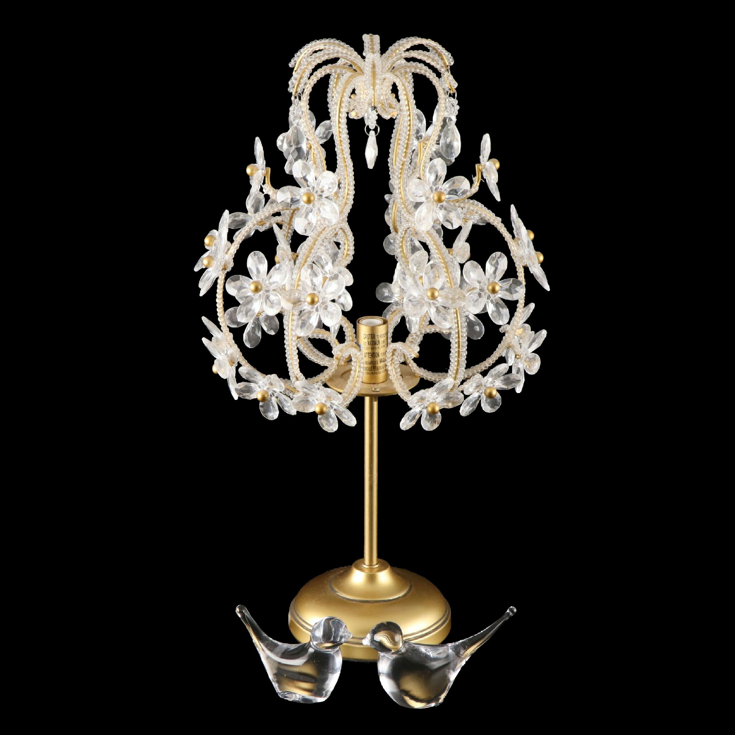 Simon Pearce Bird Paperweights, and Crystal Beadwork Flowers on Matte Gold Lamp