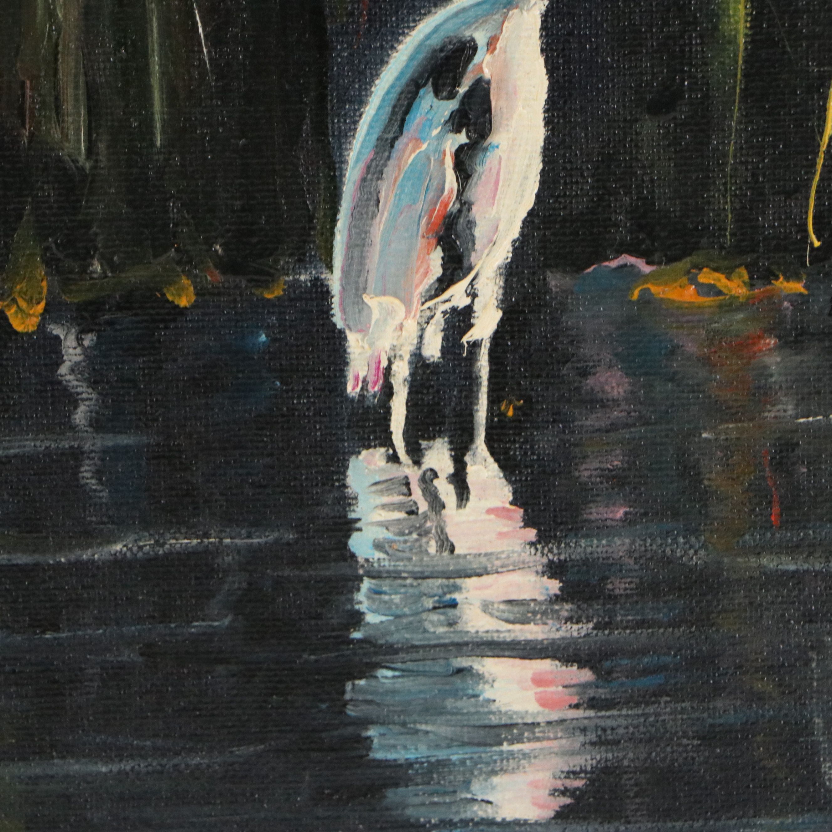 Oil Painting of Heron Standing in Marsh, Late 20th Century