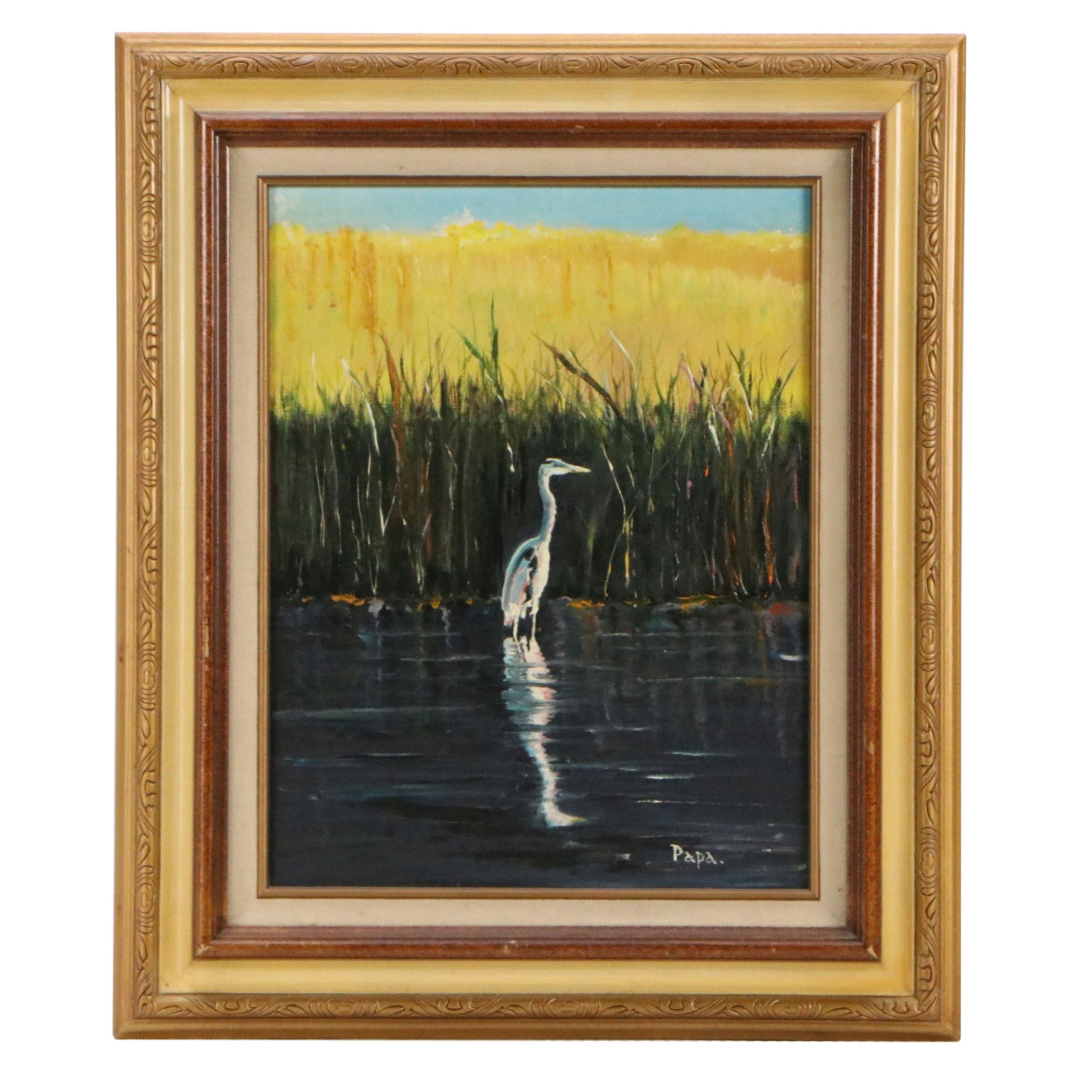 Oil Painting of Heron Standing in Marsh, Late 20th Century