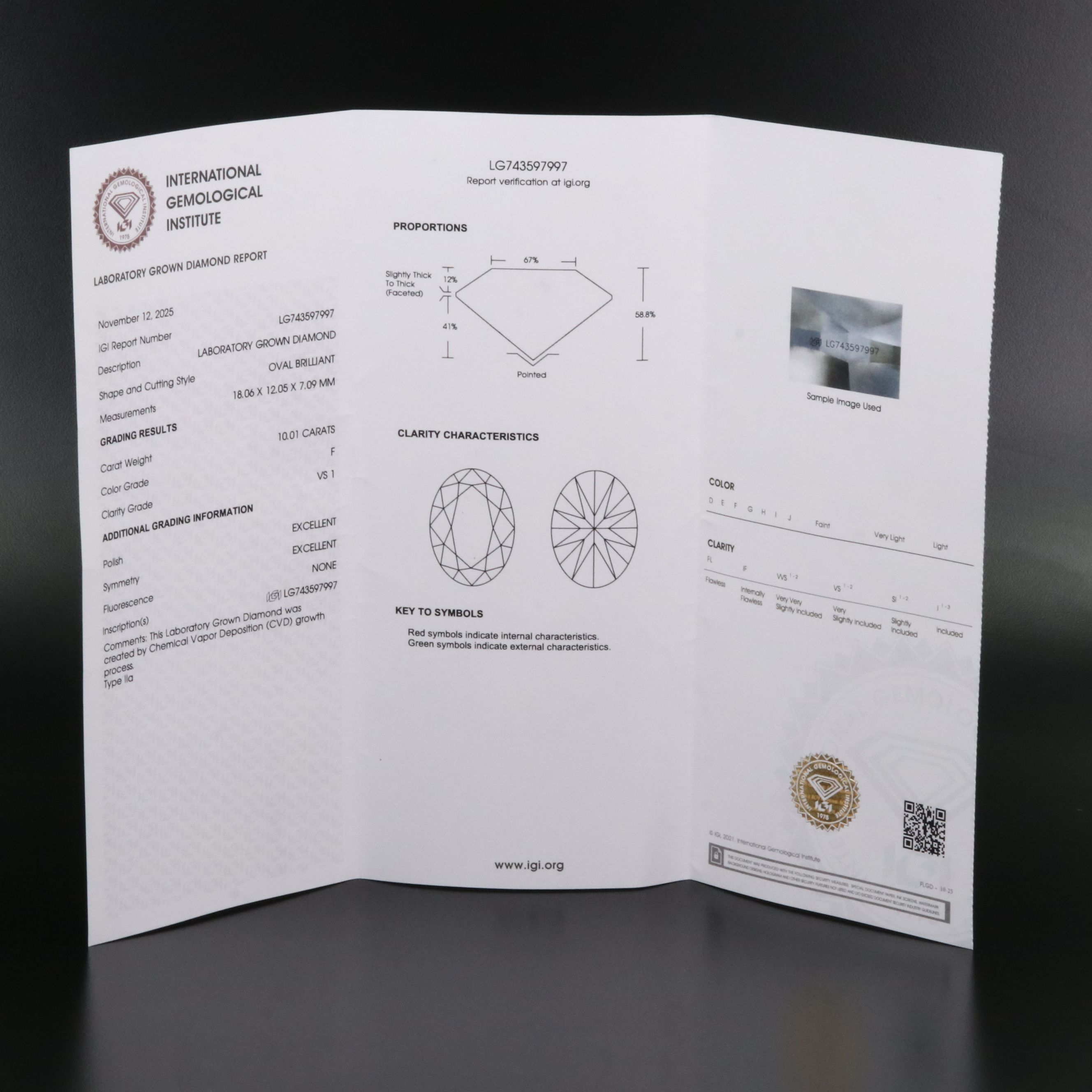 Loose 10.01 CT Lab Grown Diamond with IGI Report