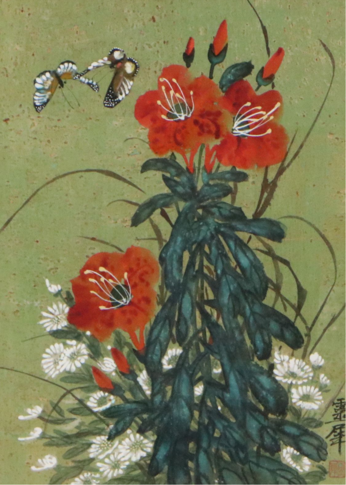Chinese School Gouache Painting on Cork Paper of Flowers and Butterflies