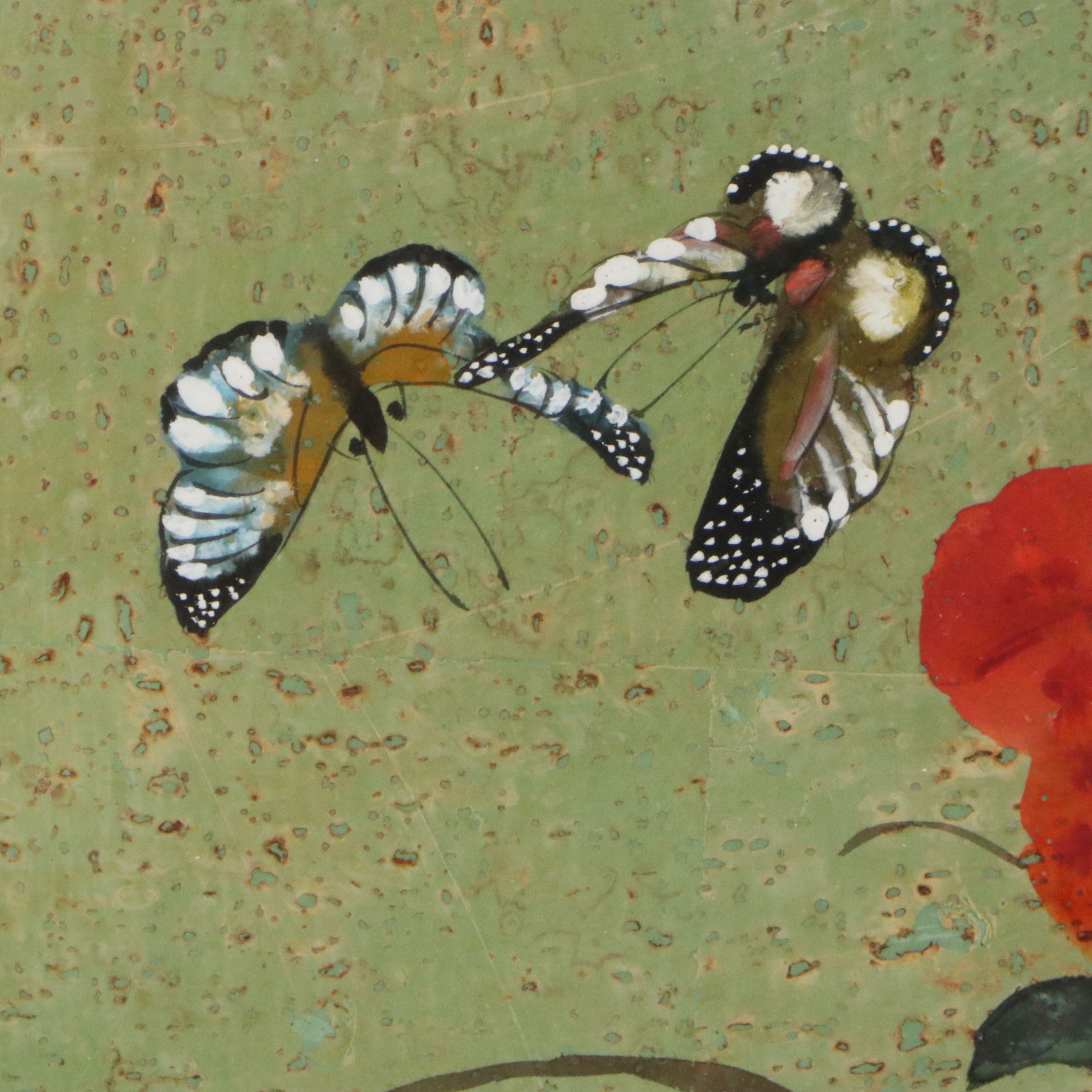 Chinese School Gouache Painting on Cork Paper of Flowers and Butterflies