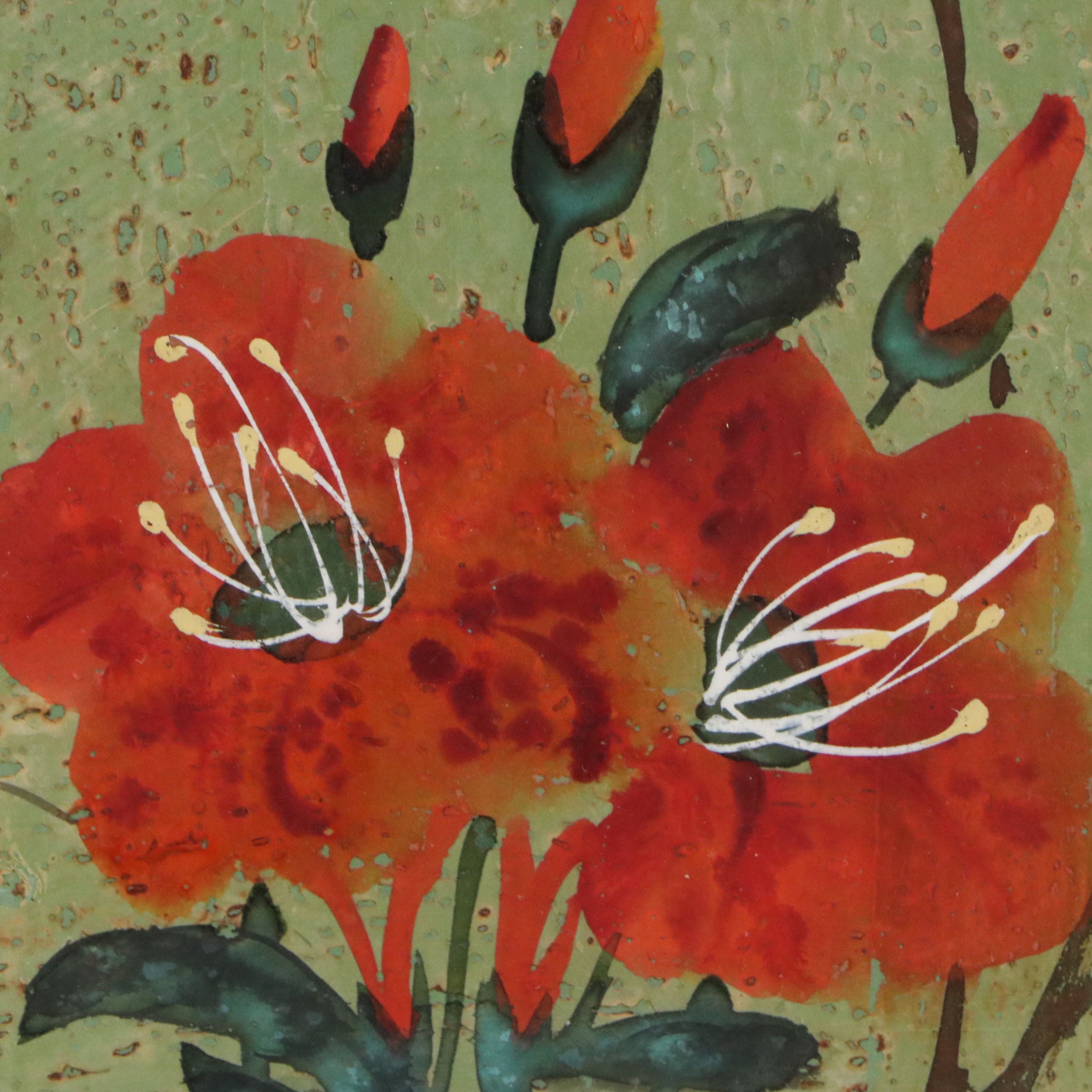 Chinese School Gouache Painting on Cork Paper of Flowers and Butterflies
