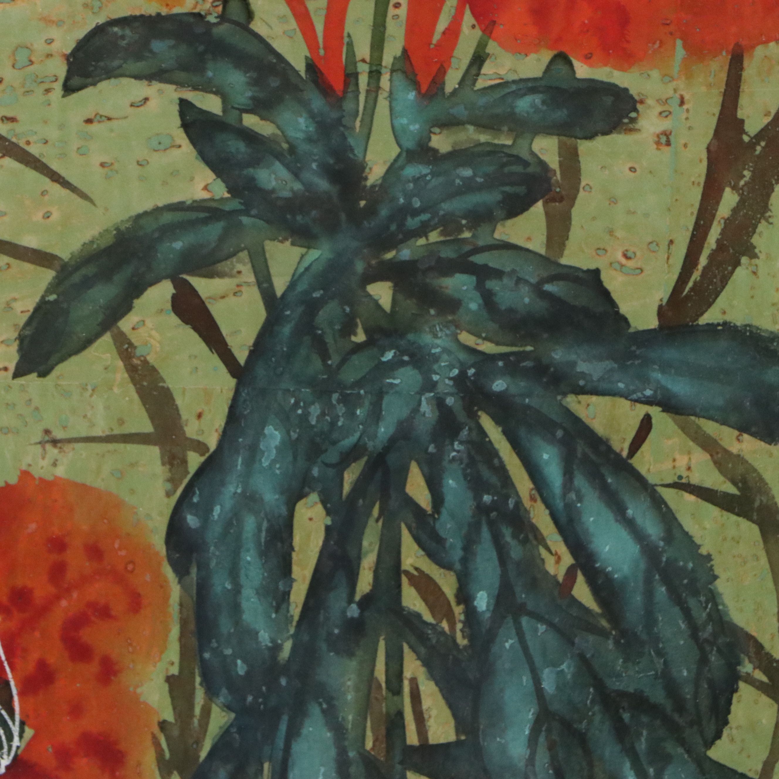 Chinese School Gouache Painting on Cork Paper of Flowers and Butterflies