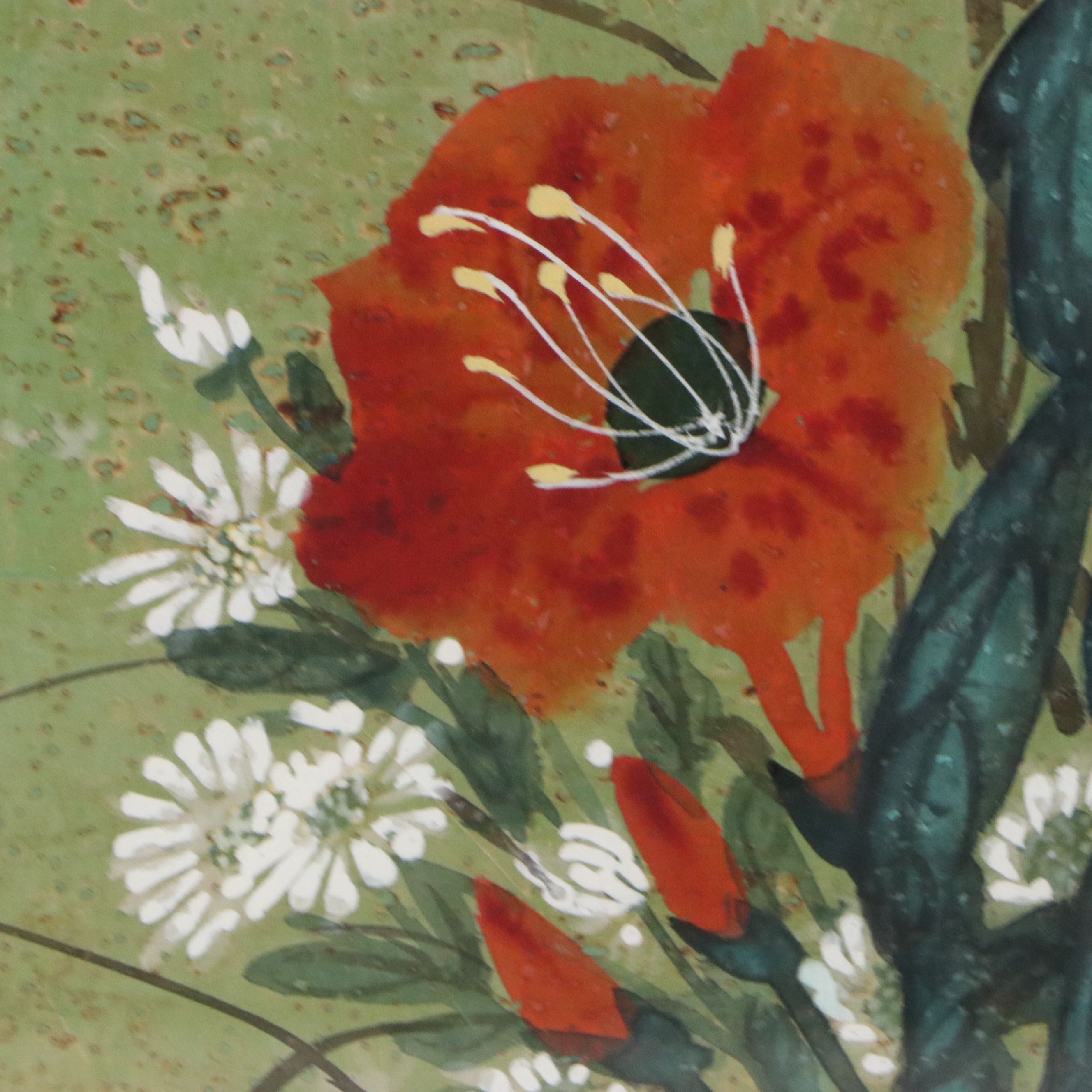 Chinese School Gouache Painting on Cork Paper of Flowers and Butterflies