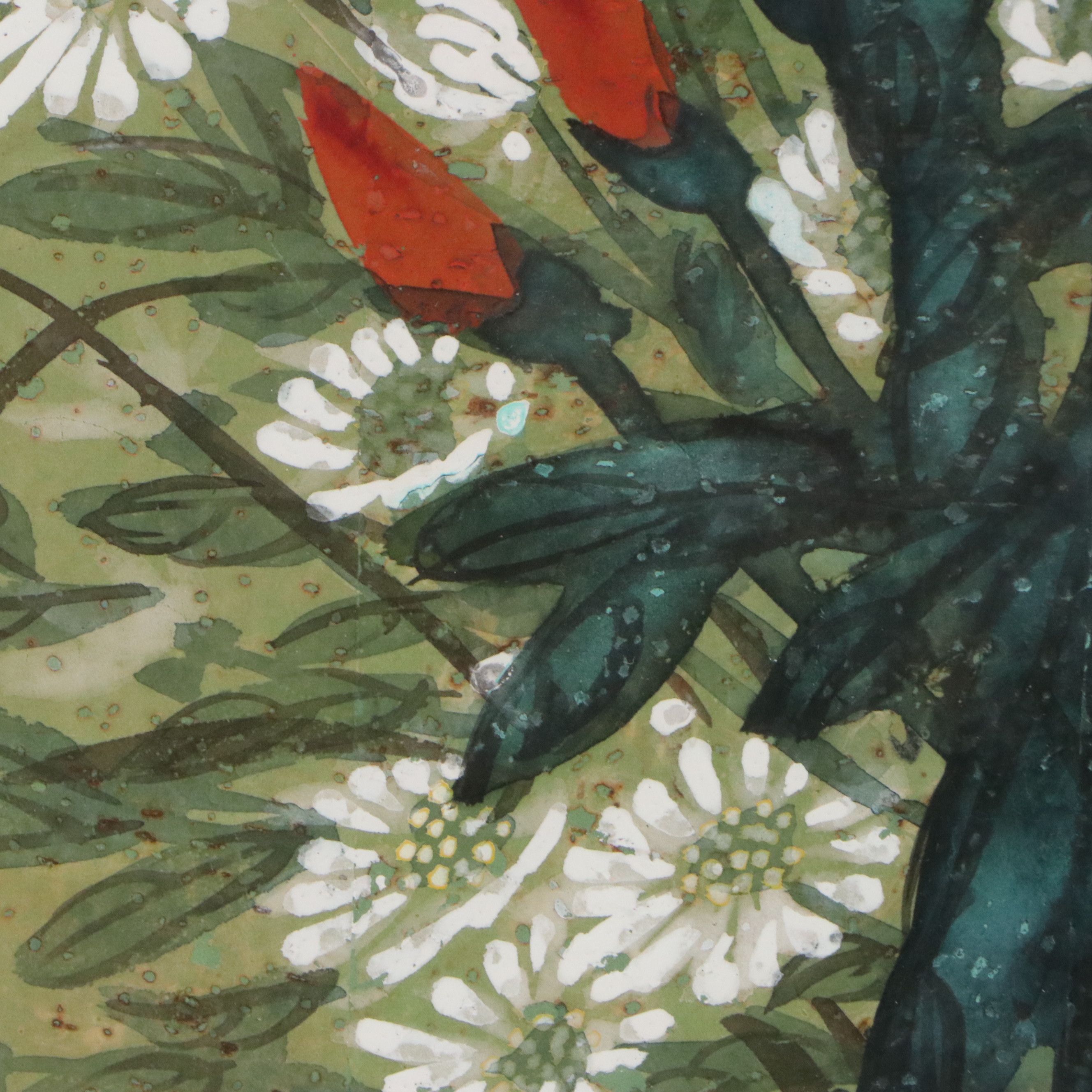 Chinese School Gouache Painting on Cork Paper of Flowers and Butterflies