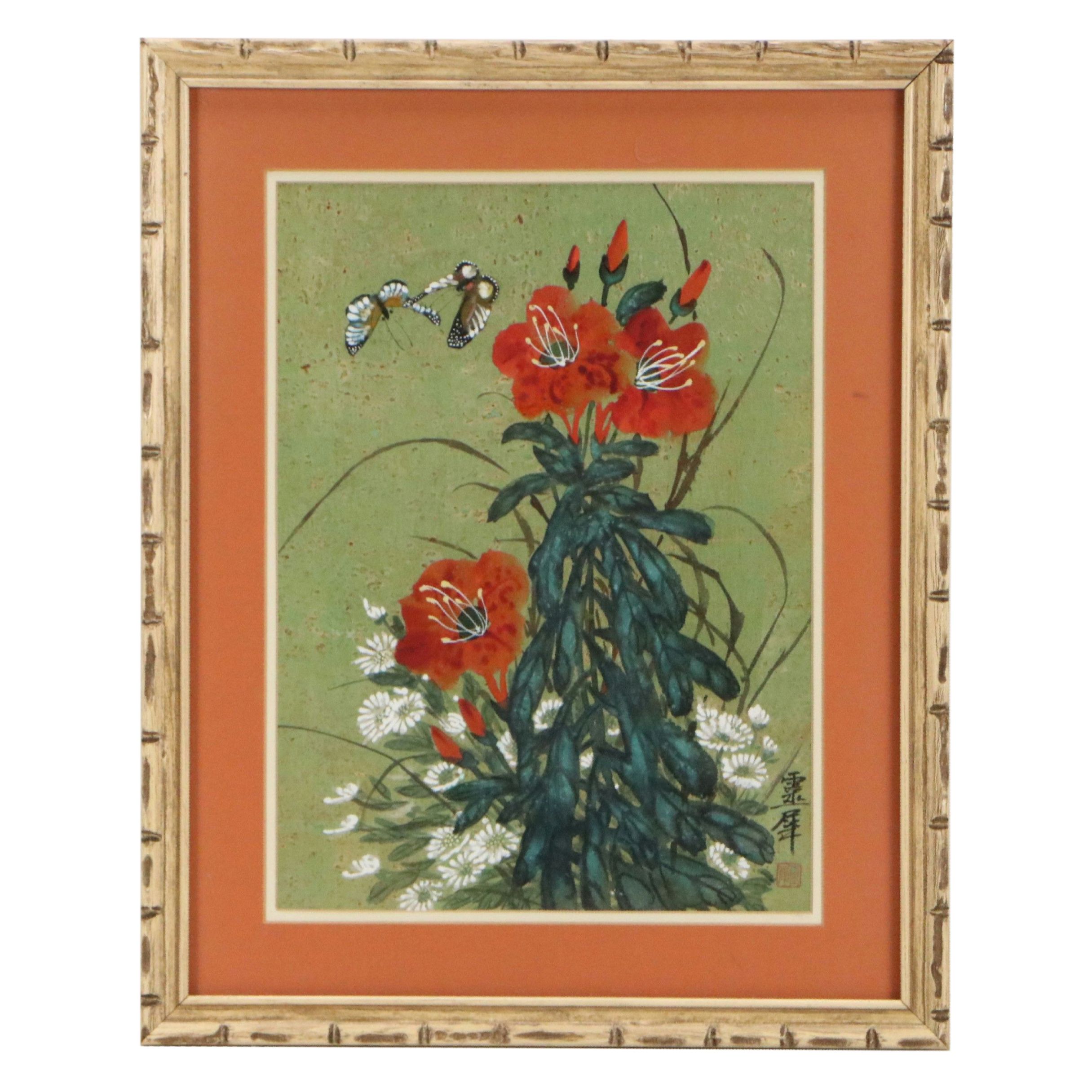 Chinese School Gouache Painting on Cork Paper of Flowers and Butterflies