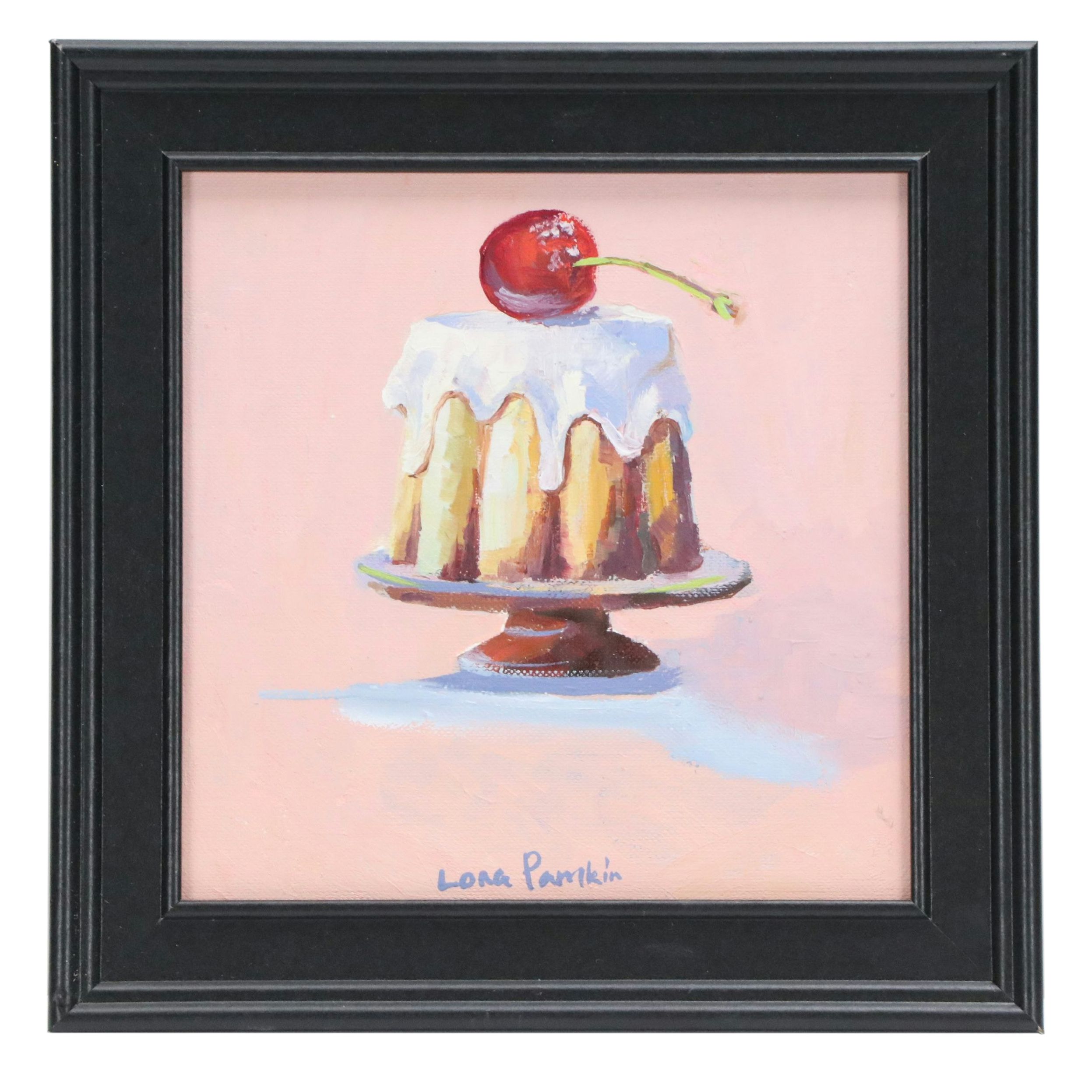 Lora Pamkin Oil Painting of Iced Cake with Cherry, Circa 2026