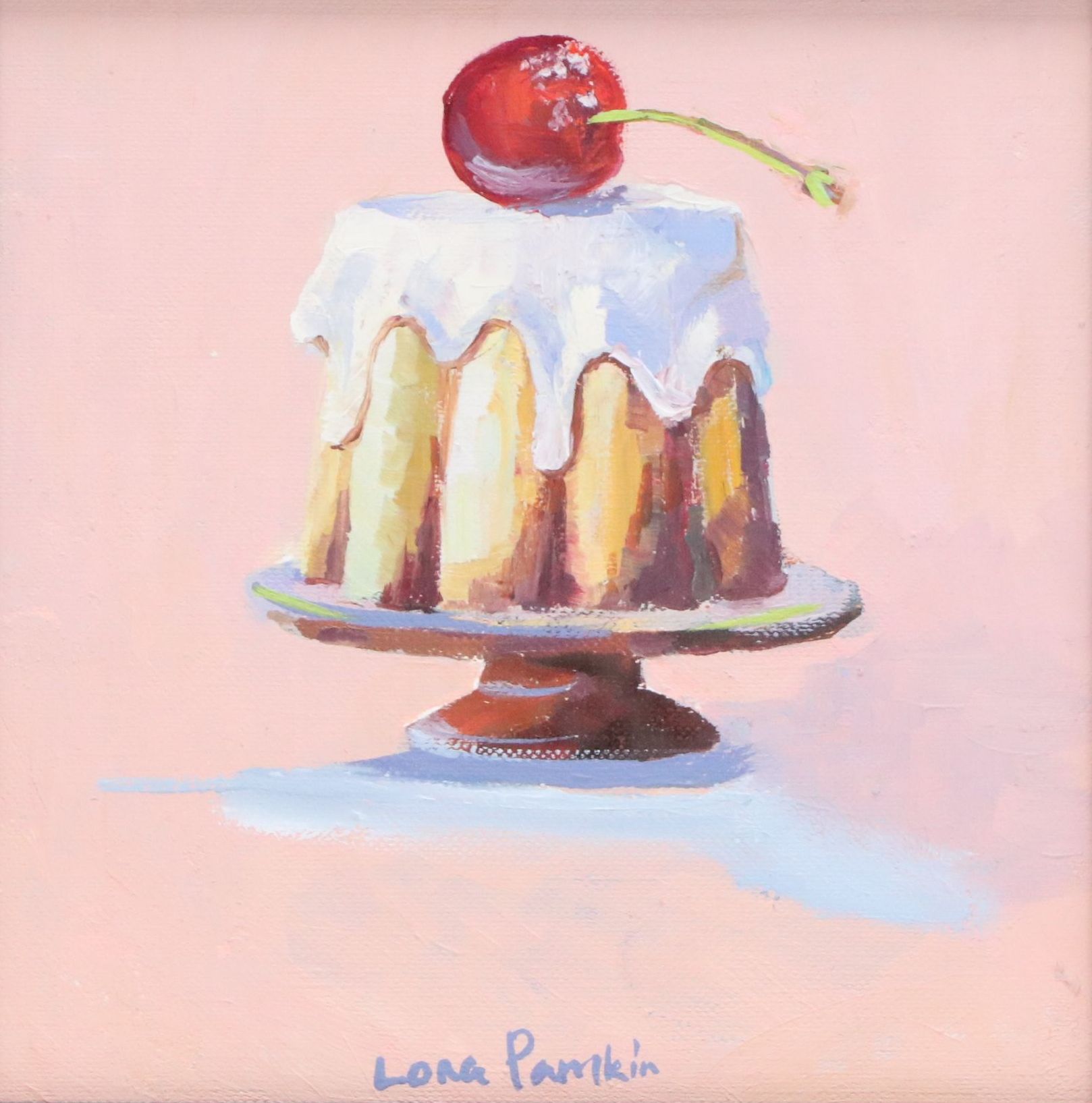 Lora Pamkin Oil Painting of Iced Cake with Cherry, Circa 2026