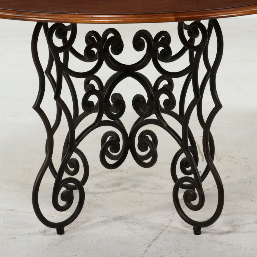 Hickory White Round Dining Table with Wrought Iron Scroll Base, Late ...