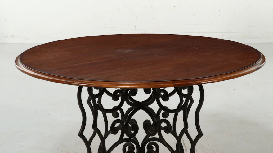 Hickory White Round Dining Table with Wrought Iron Scroll Base, Late ...