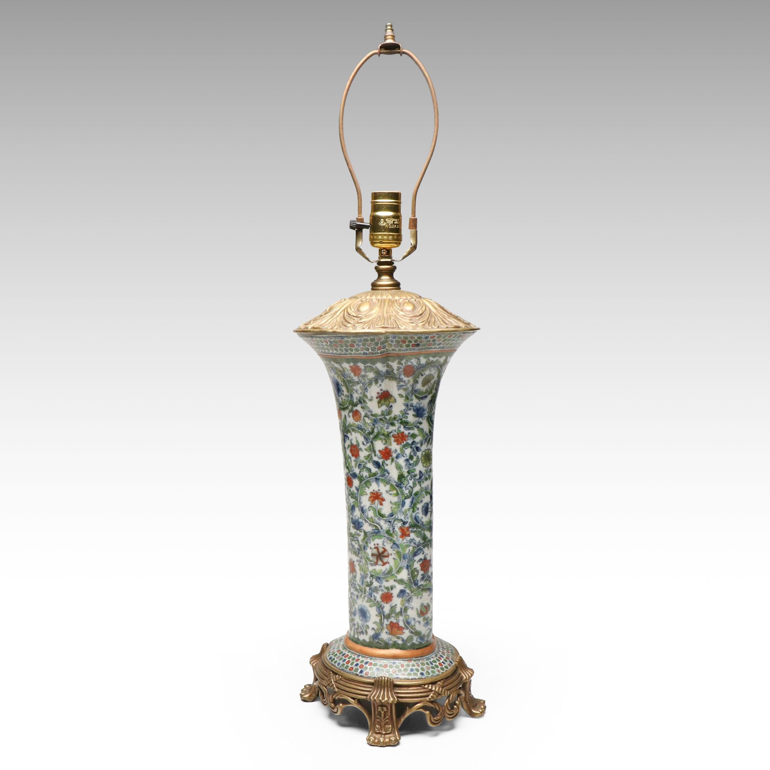 Chinoiserie Painted Ceramic and Brass Finish Table Lamp