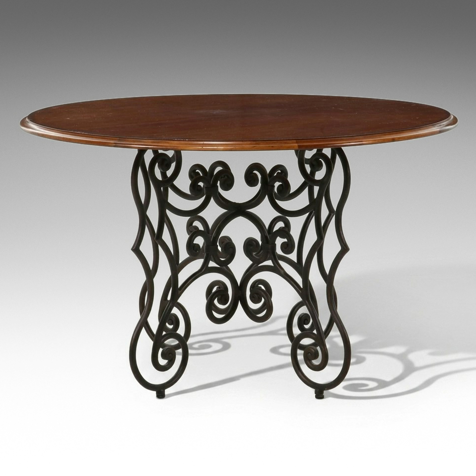 Hickory White Round Dining Table with Wrought Iron Scroll Base, Late ...